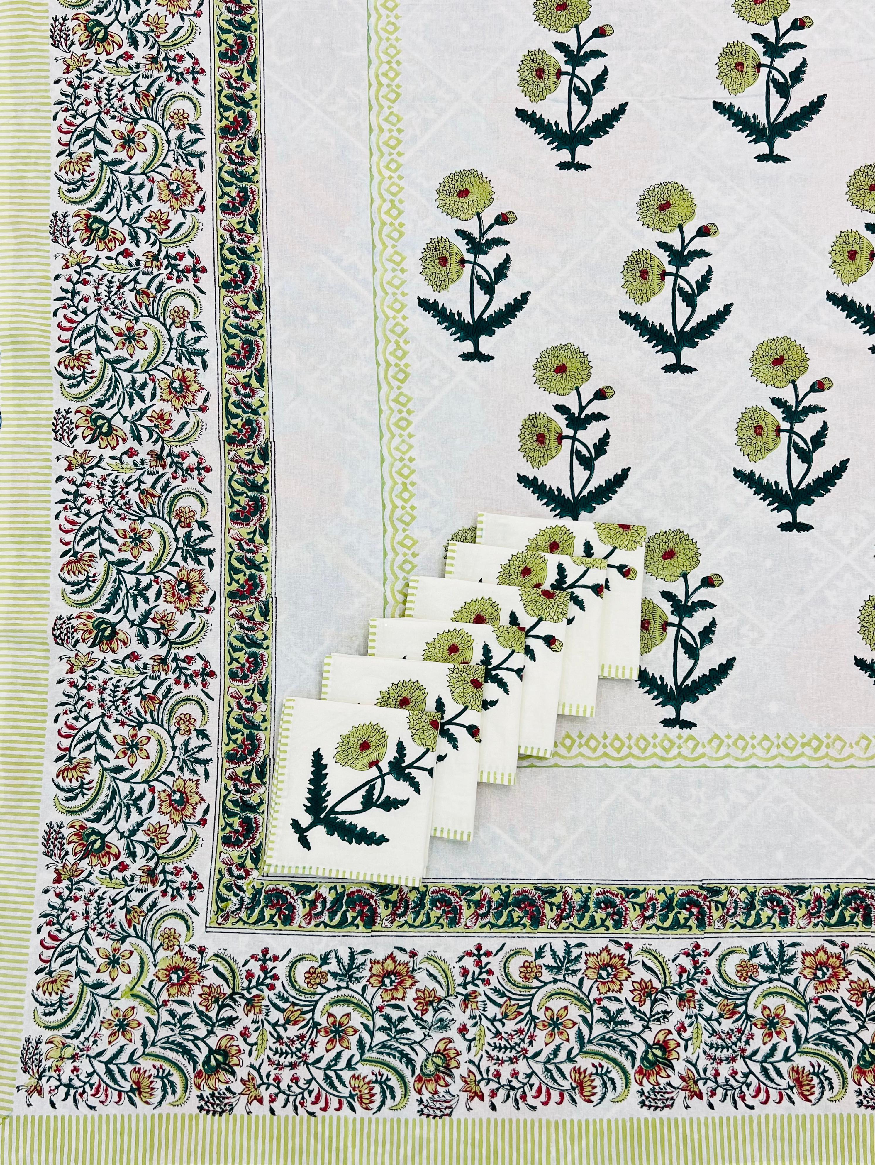 Pure cotton hand-block printed dining table covers with 6 napkins (for 6 seater tables)