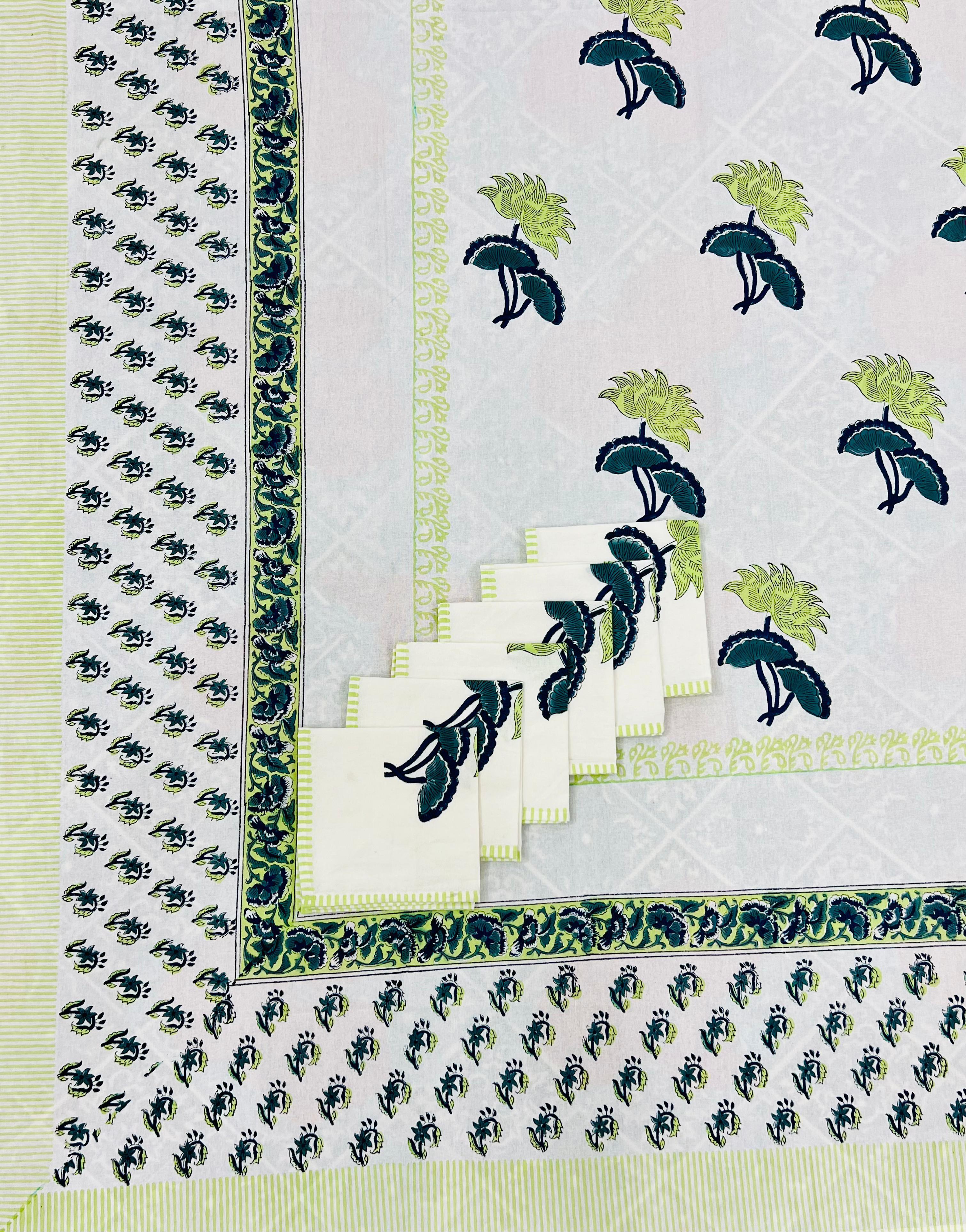 Pure cotton hand-block printed dining table covers with 6 napkins (for 6 seater tables)