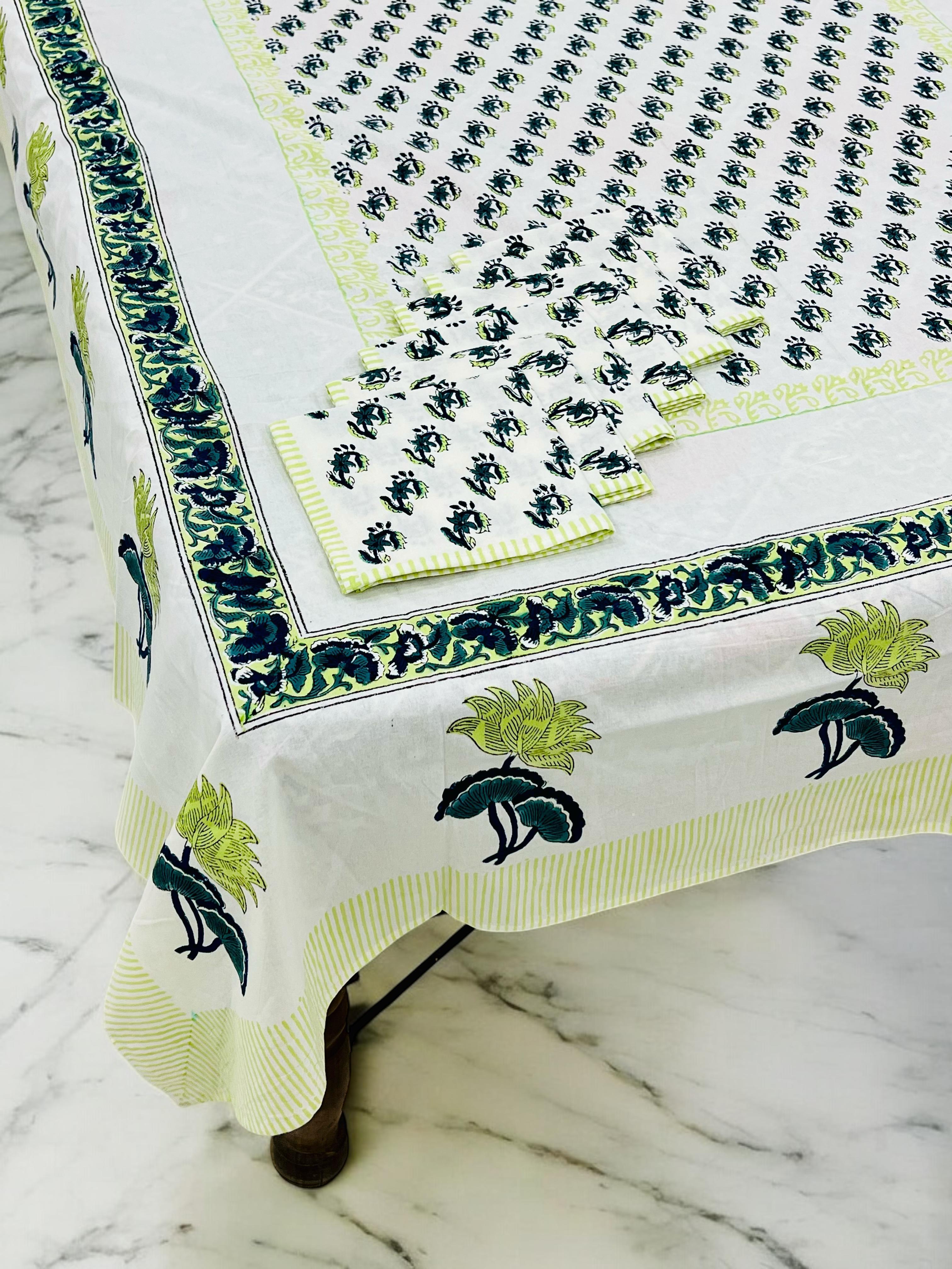 Pure cotton hand-block printed dining table covers with 6 napkins (for 6 seater tables)