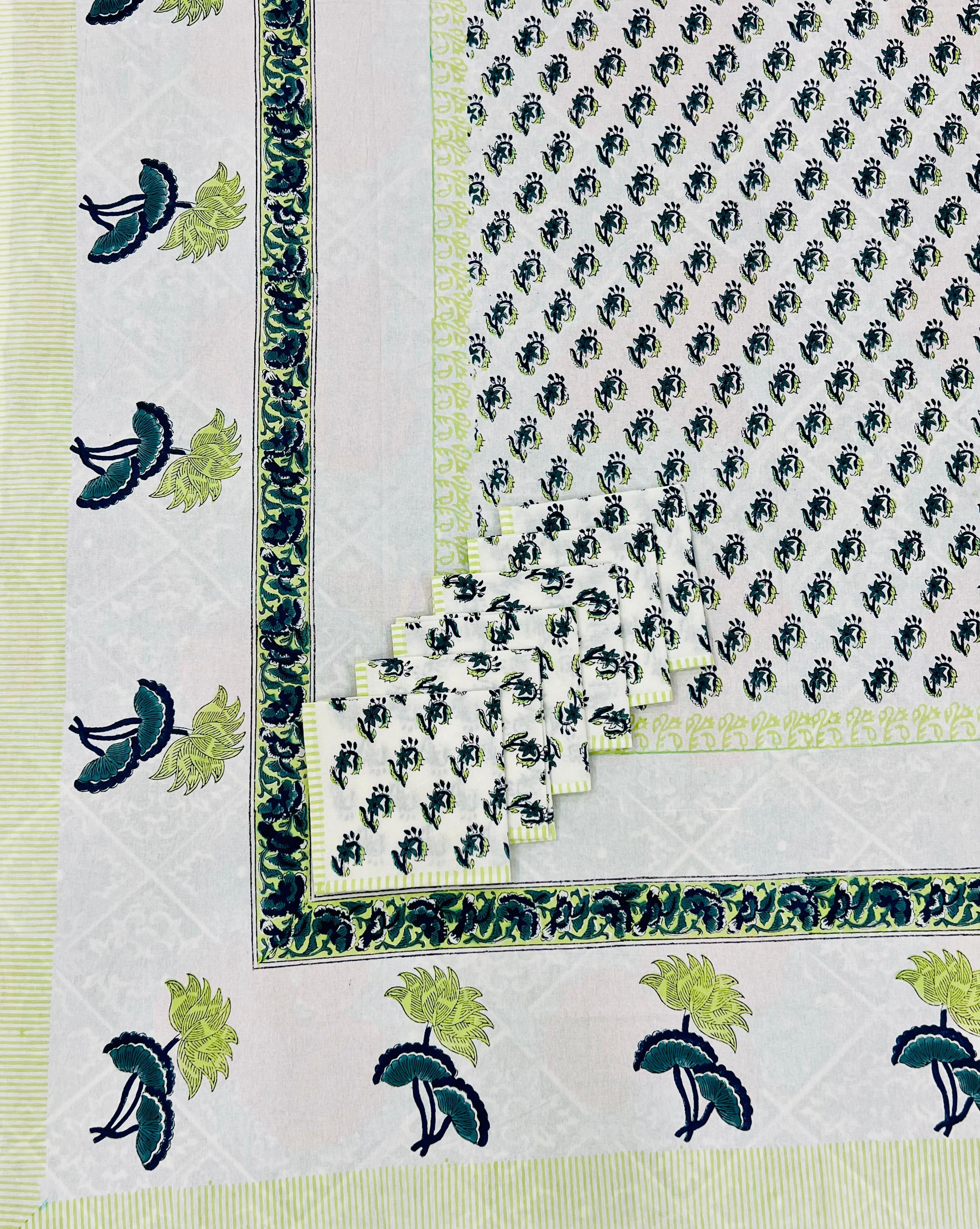 Pure cotton hand-block printed dining table covers with 6 napkins (for 6 seater tables)