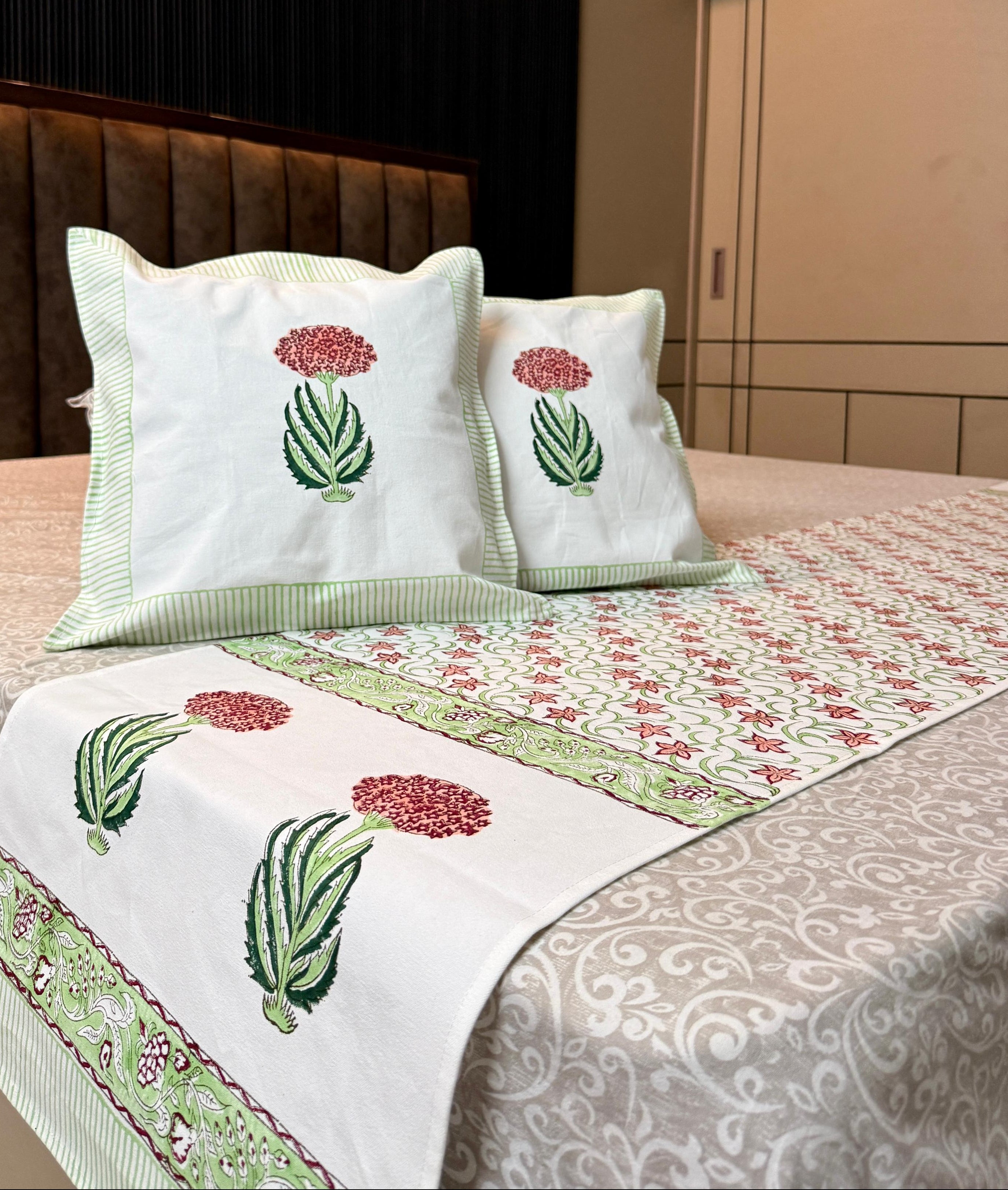 Pure cotton hand block printed bed runners with 2 cushion covers