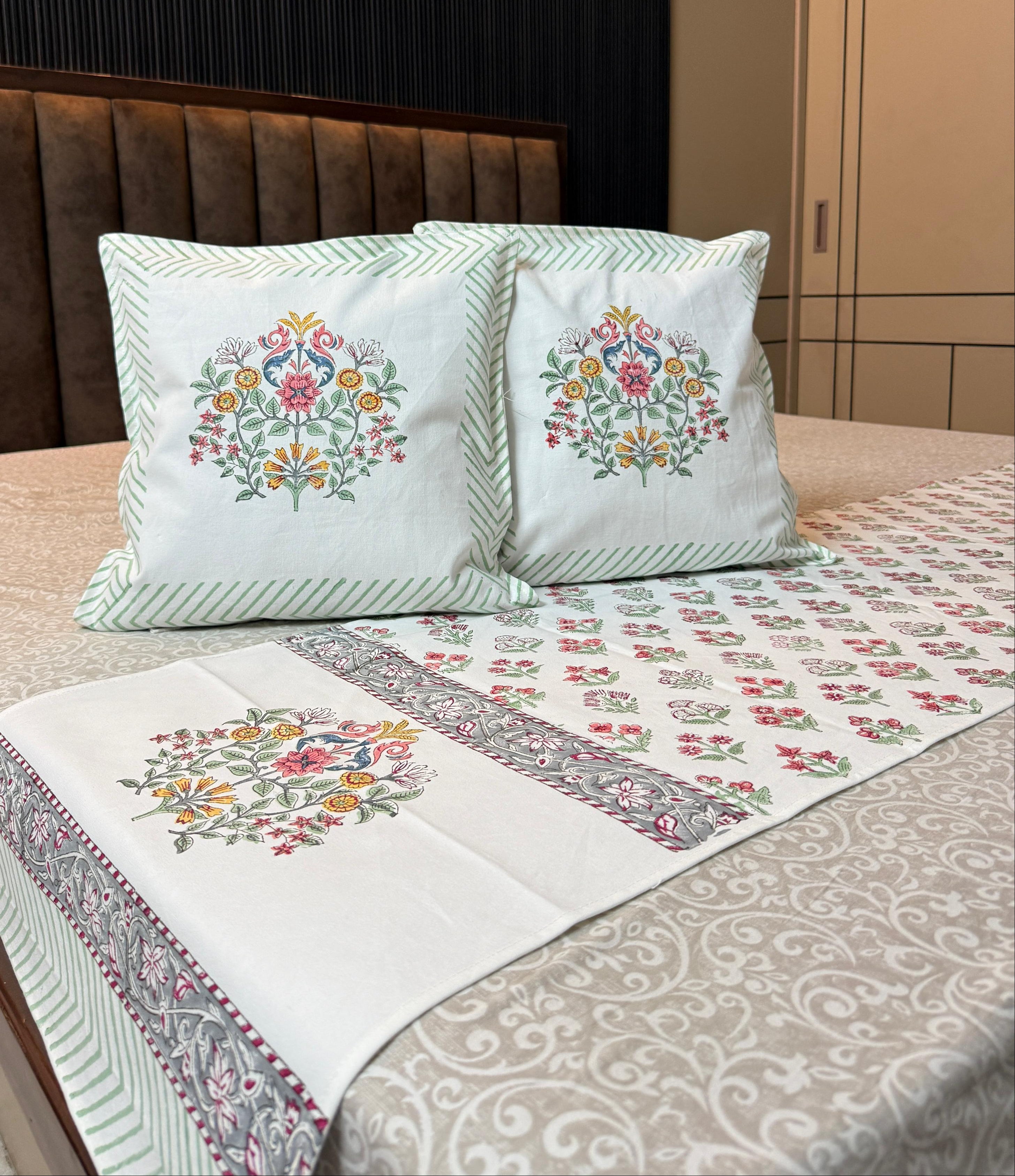 Pure cotton hand block printed bed runners with 2 cushion covers