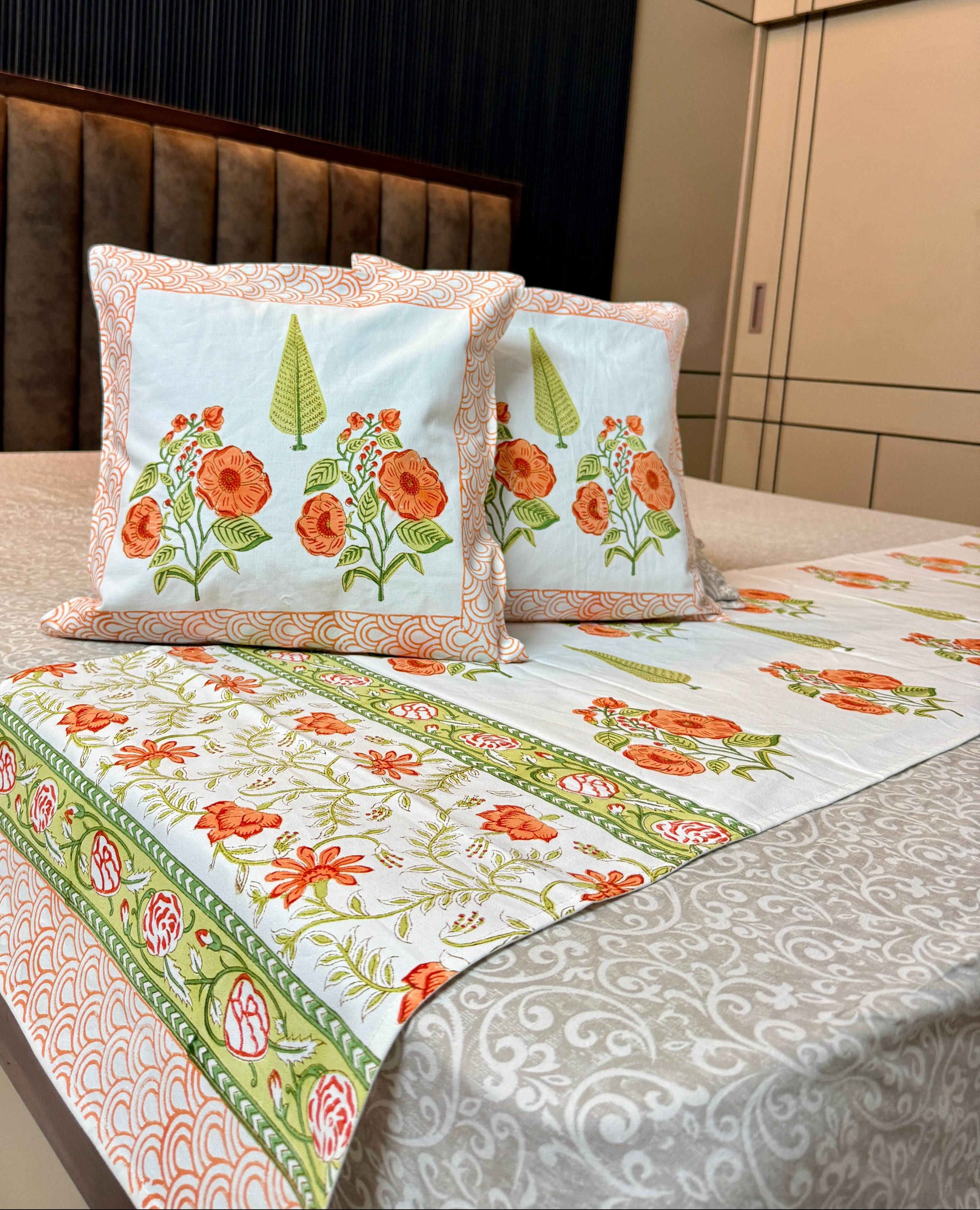 Pure cotton hand block printed bed runners with 2 cushion covers