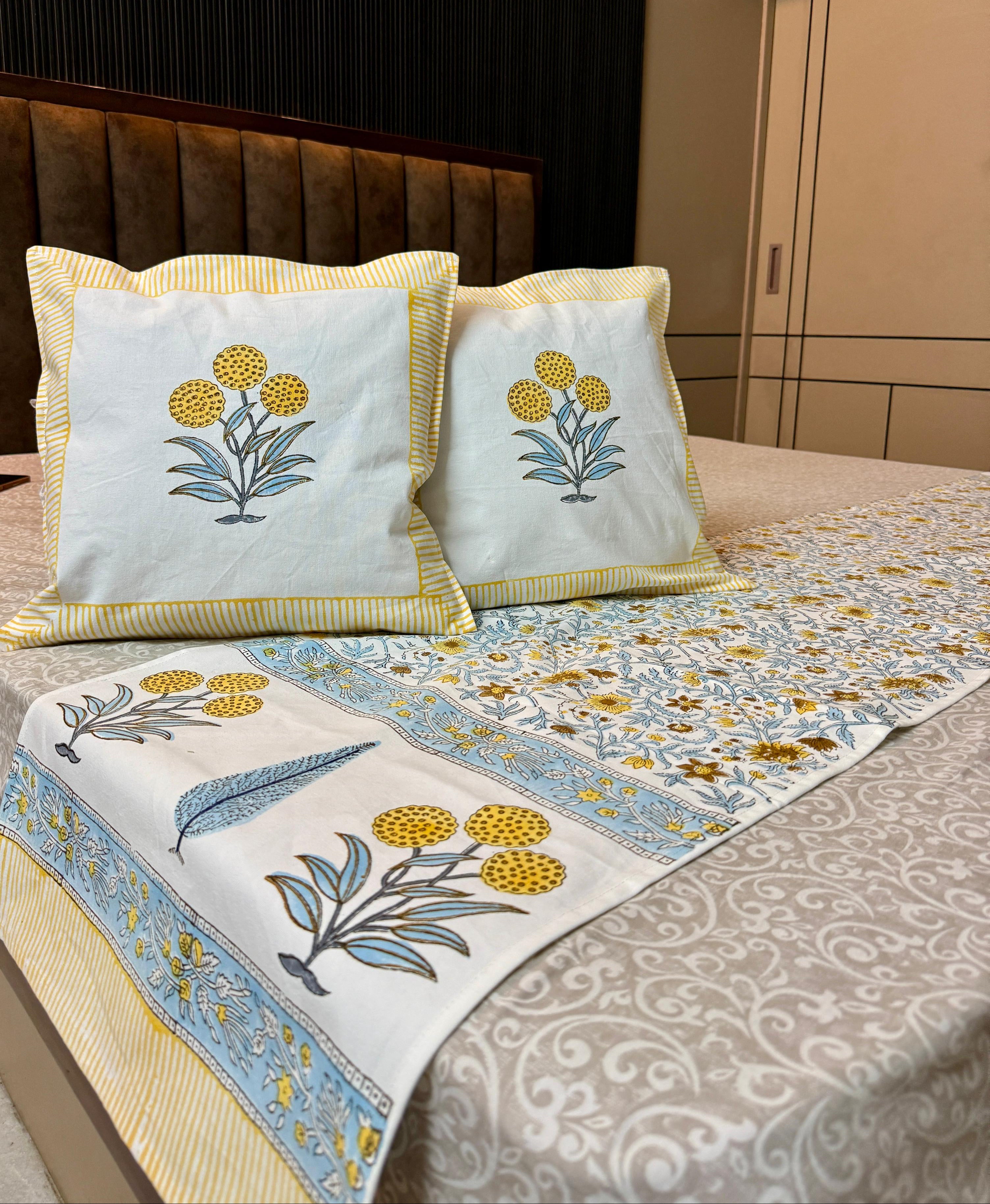 Pure cotton hand block printed bed runners with 2 cushion covers