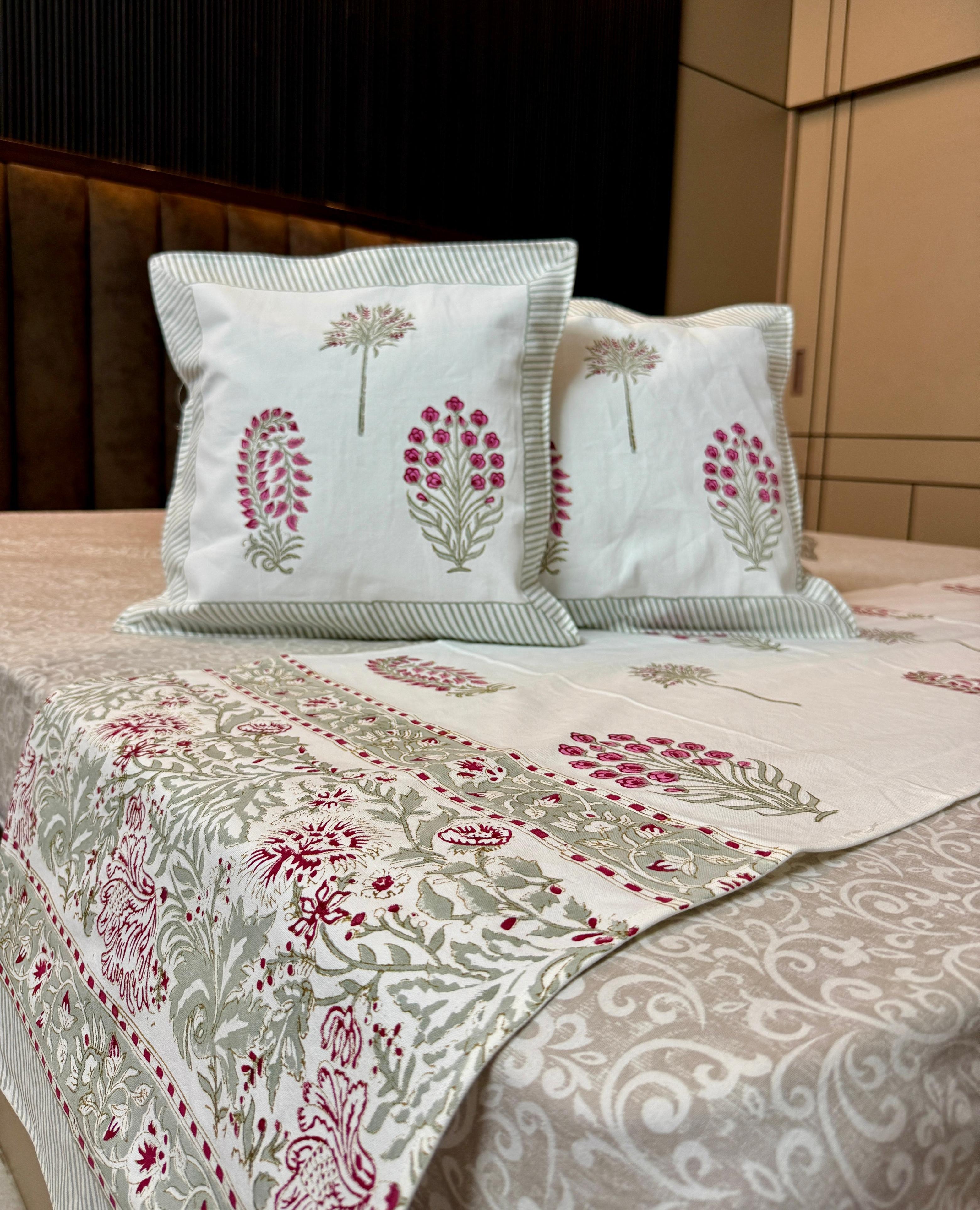Pure cotton hand block printed bed runners with 2 cushion covers