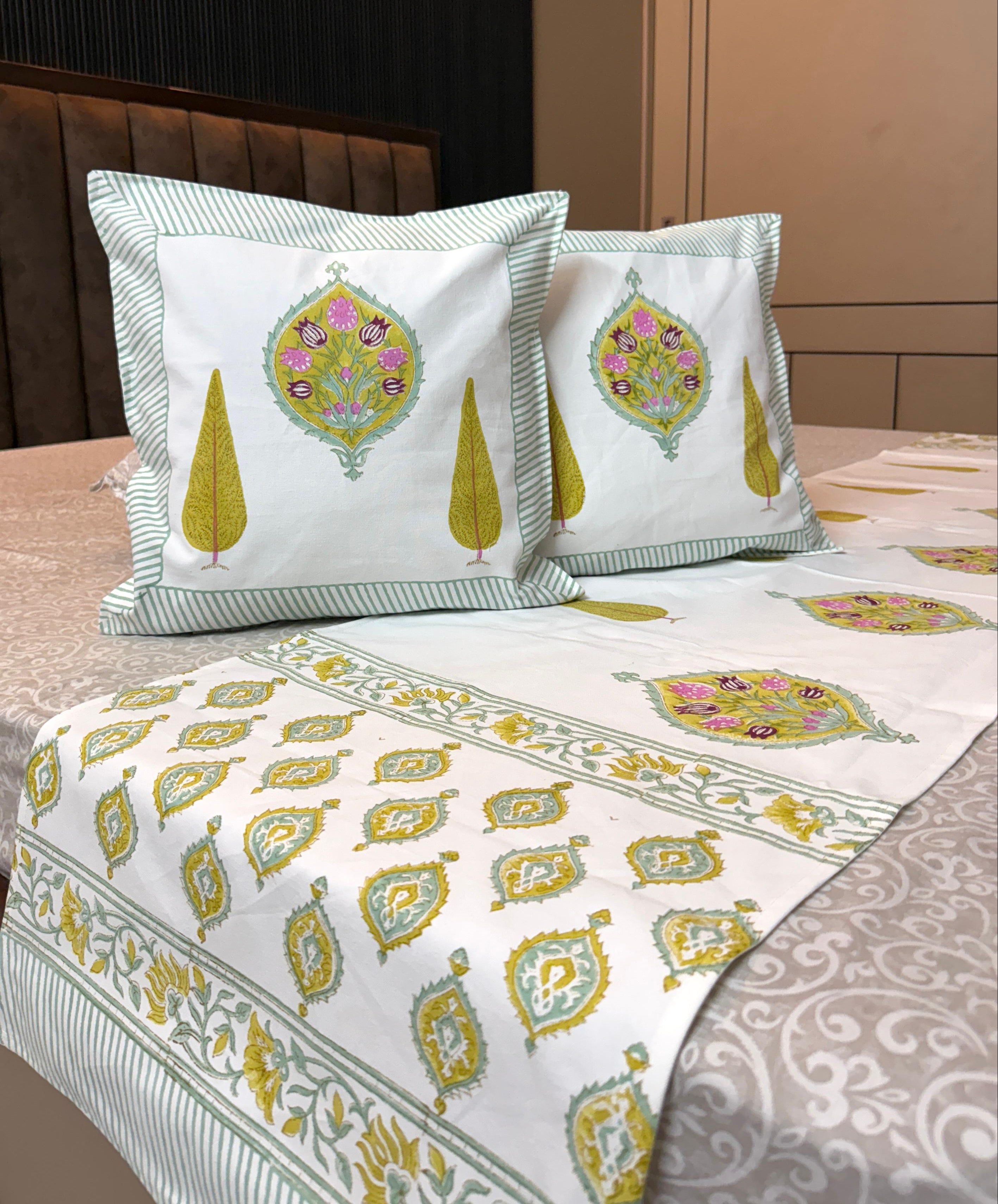 Pure cotton hand block printed bed runners with 2 cushion covers