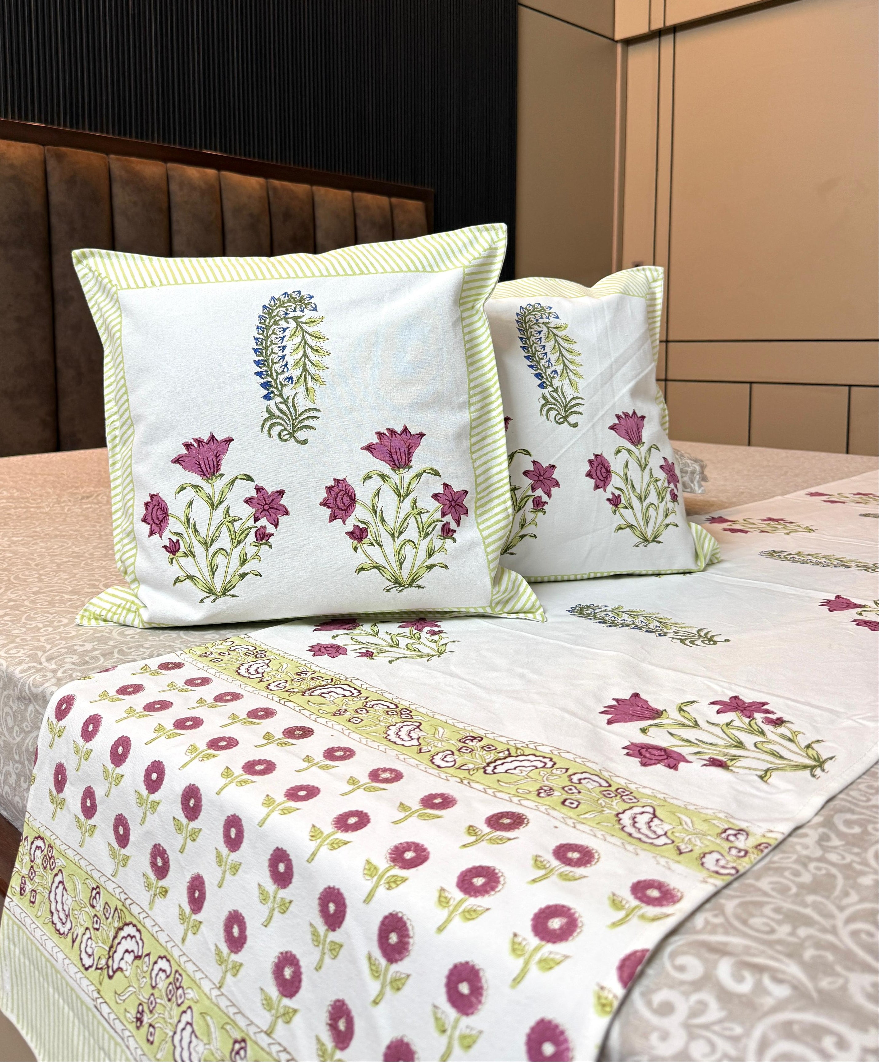 Pure cotton hand block printed bed runners with 2 cushion covers
