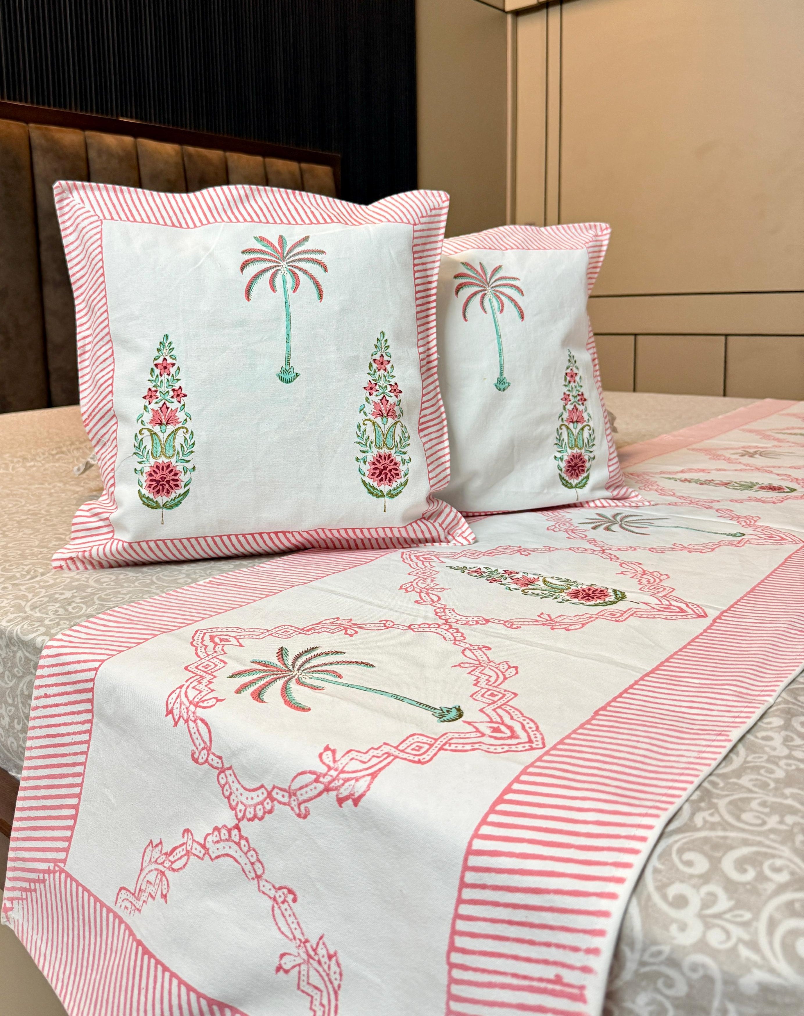 Pure cotton hand block printed bed runners with 2 cushion covers