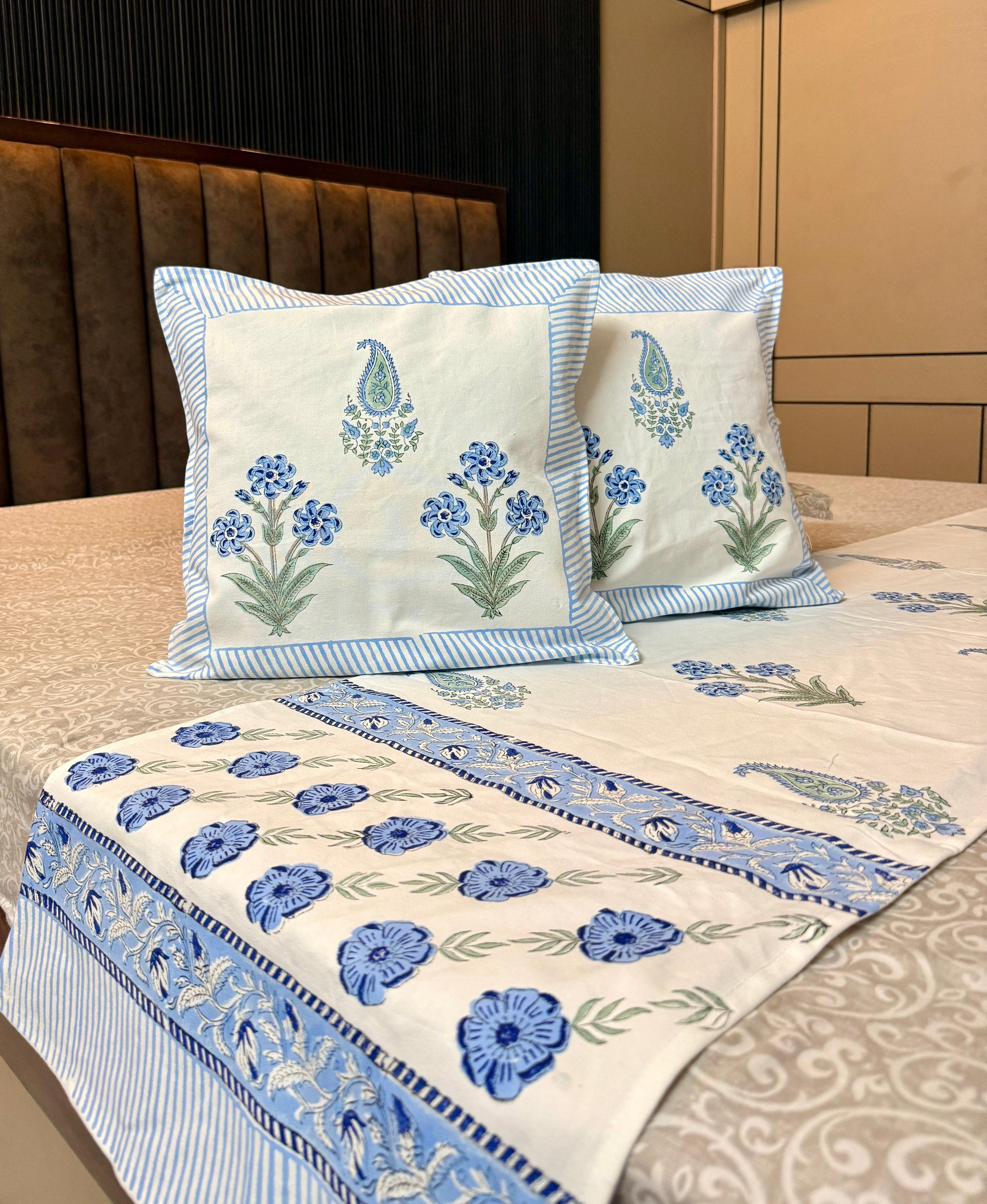 Pure cotton hand block printed bed runners with 2 cushion covers