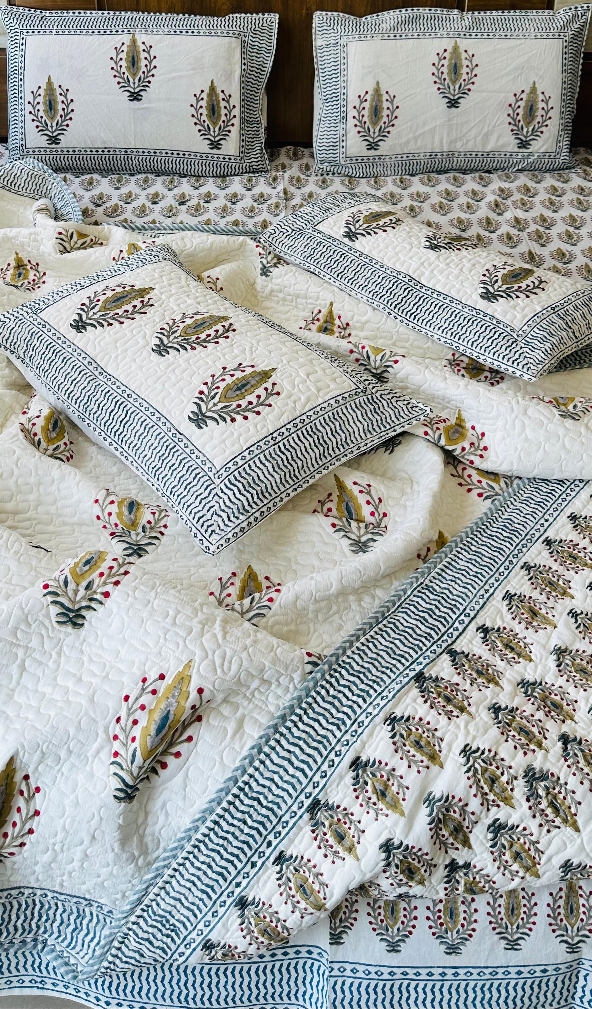 Pure cotton handblock printed king size 6 piece bedding set