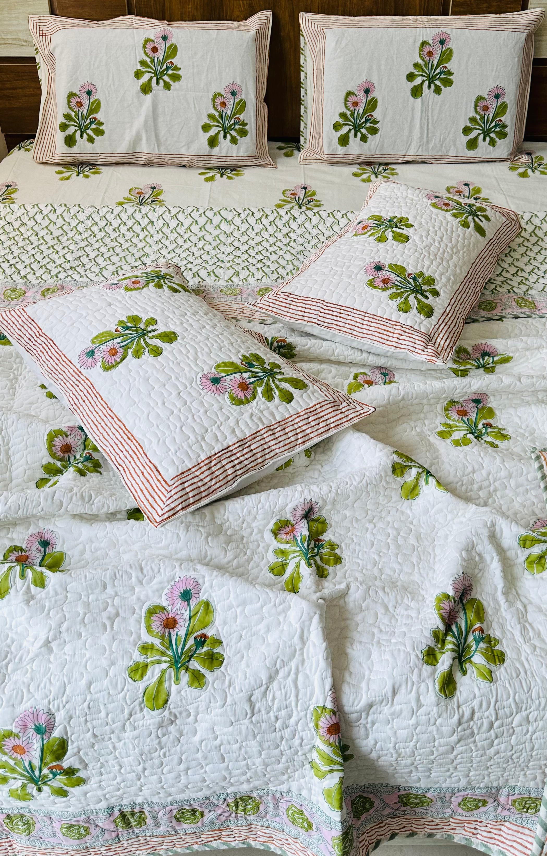 Pure cotton handblock printed king size 6 piece bedding set