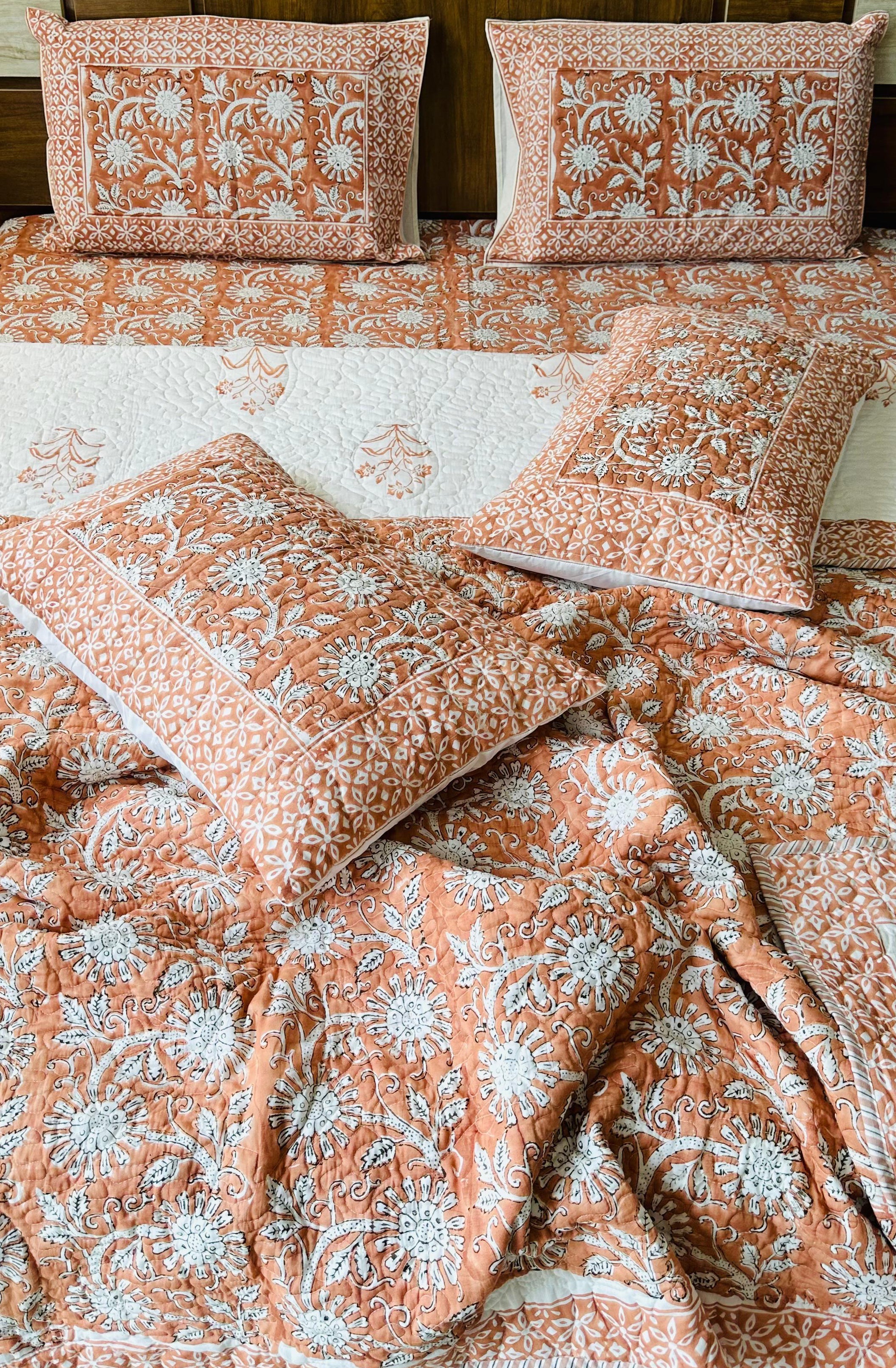 Pure cotton handblock printed king size 6 piece bedding set
