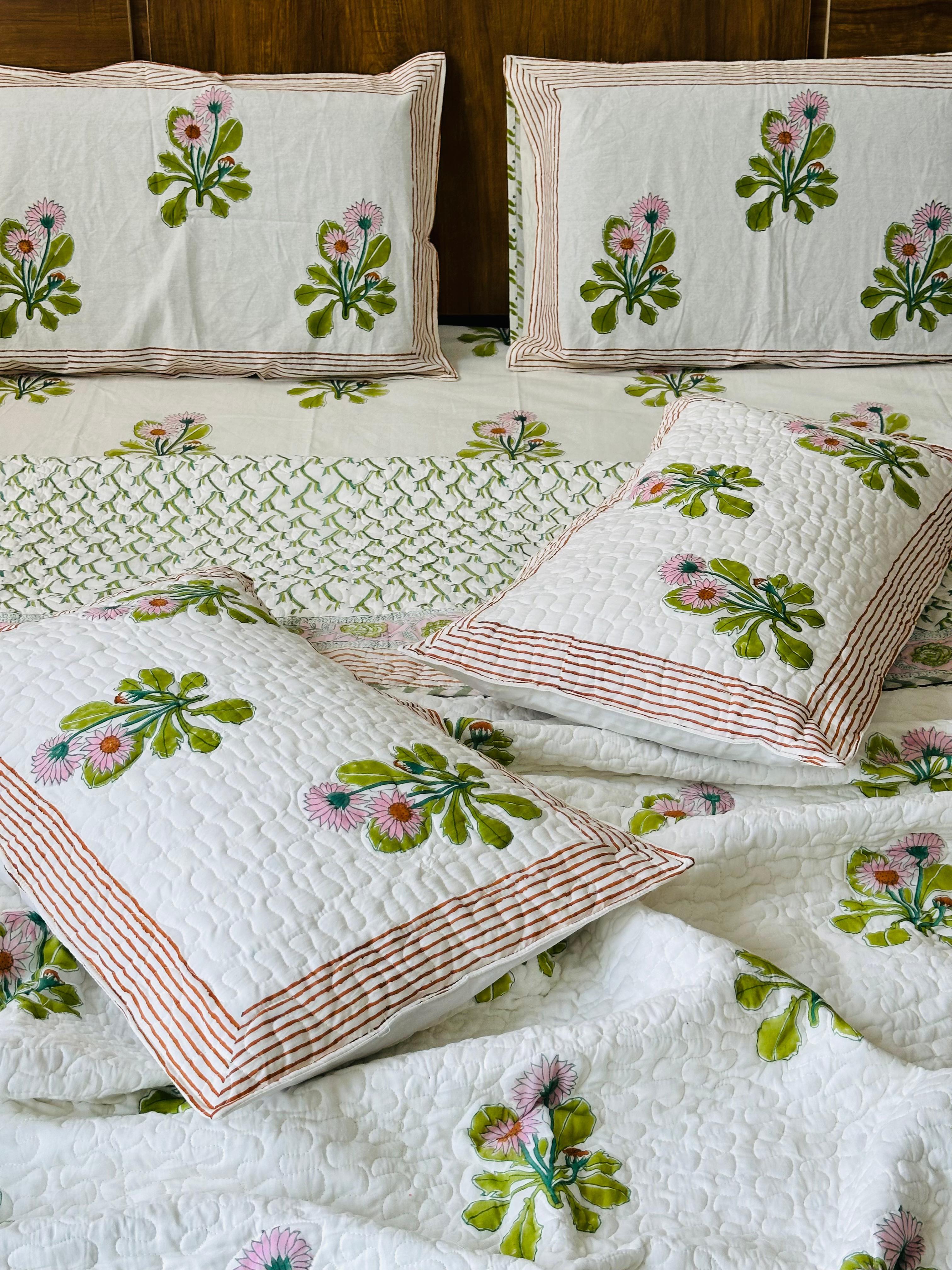 Pure cotton handblock printed king size 6 piece bedding set