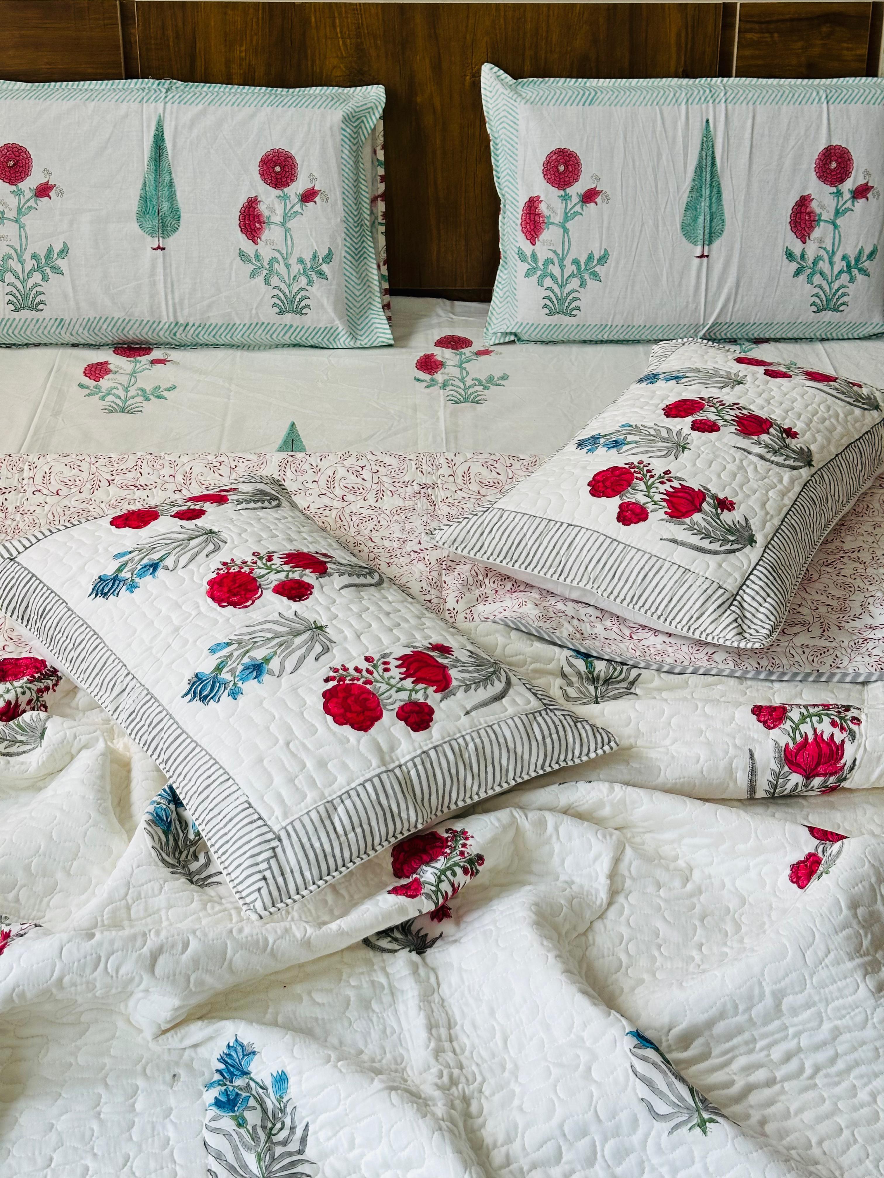 Pure cotton handblock printed king size 6 piece bedding set