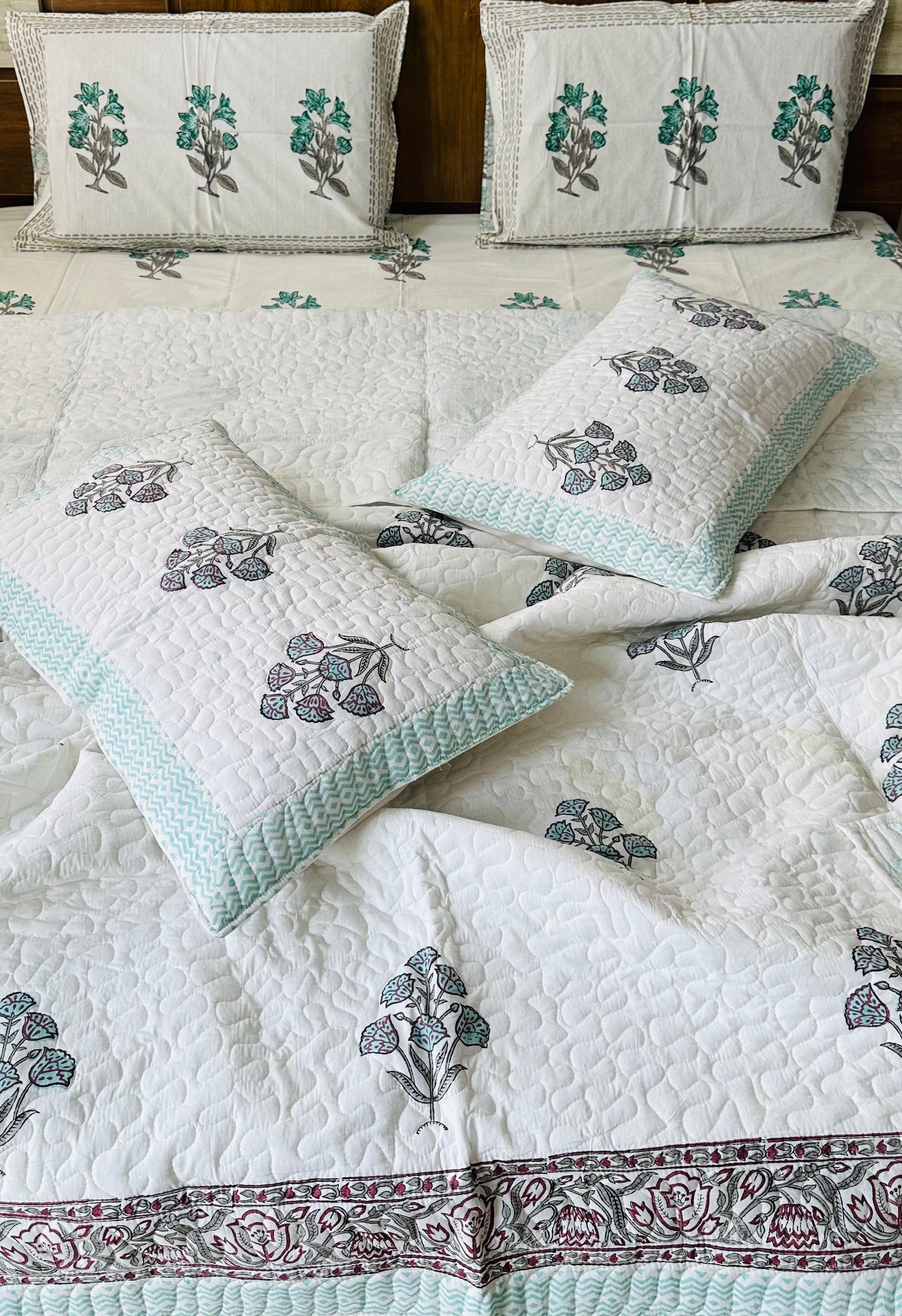 Pure cotton handblock printed king size 6 piece bedding set