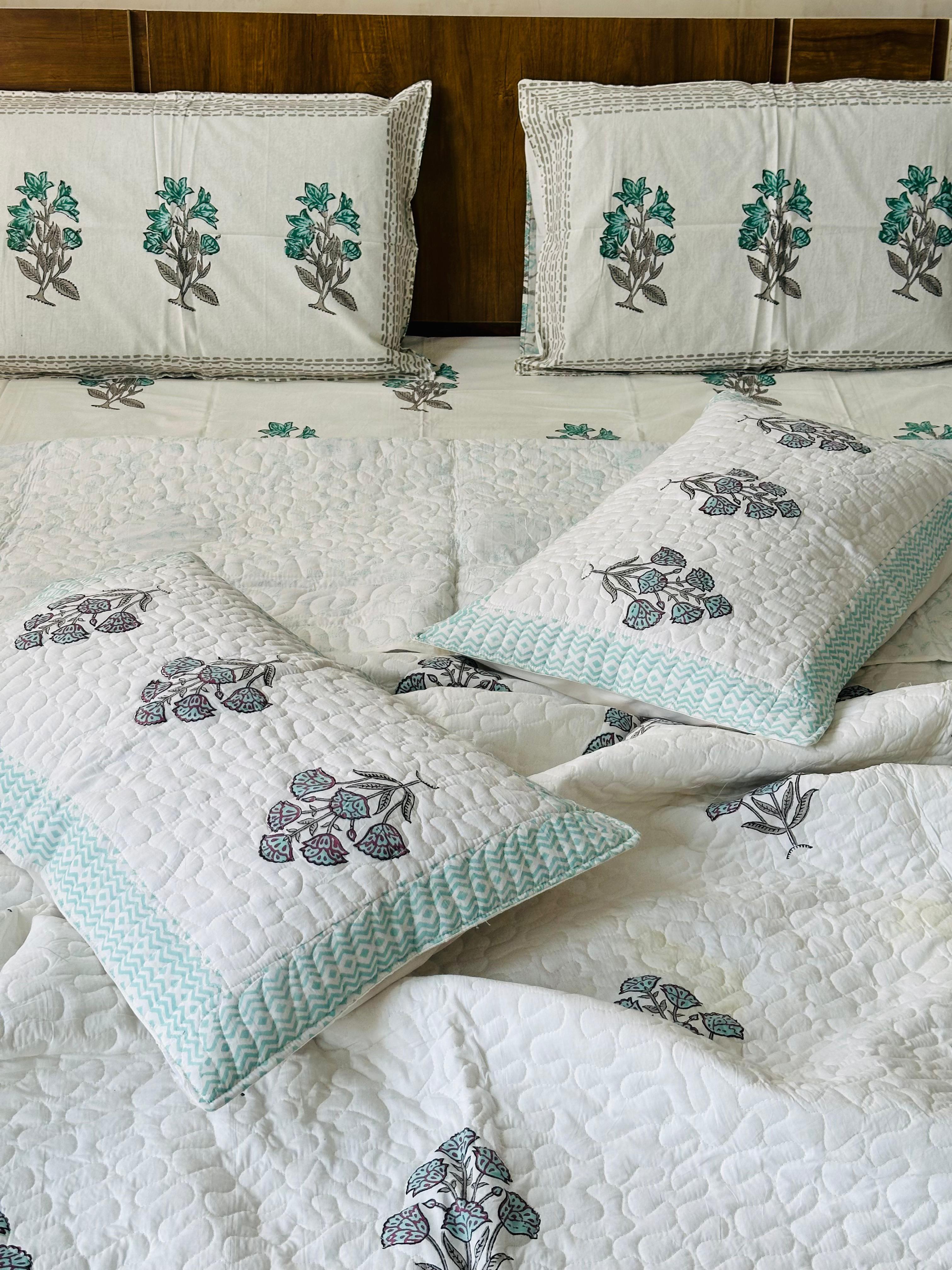 Pure cotton handblock printed king size 6 piece bedding set