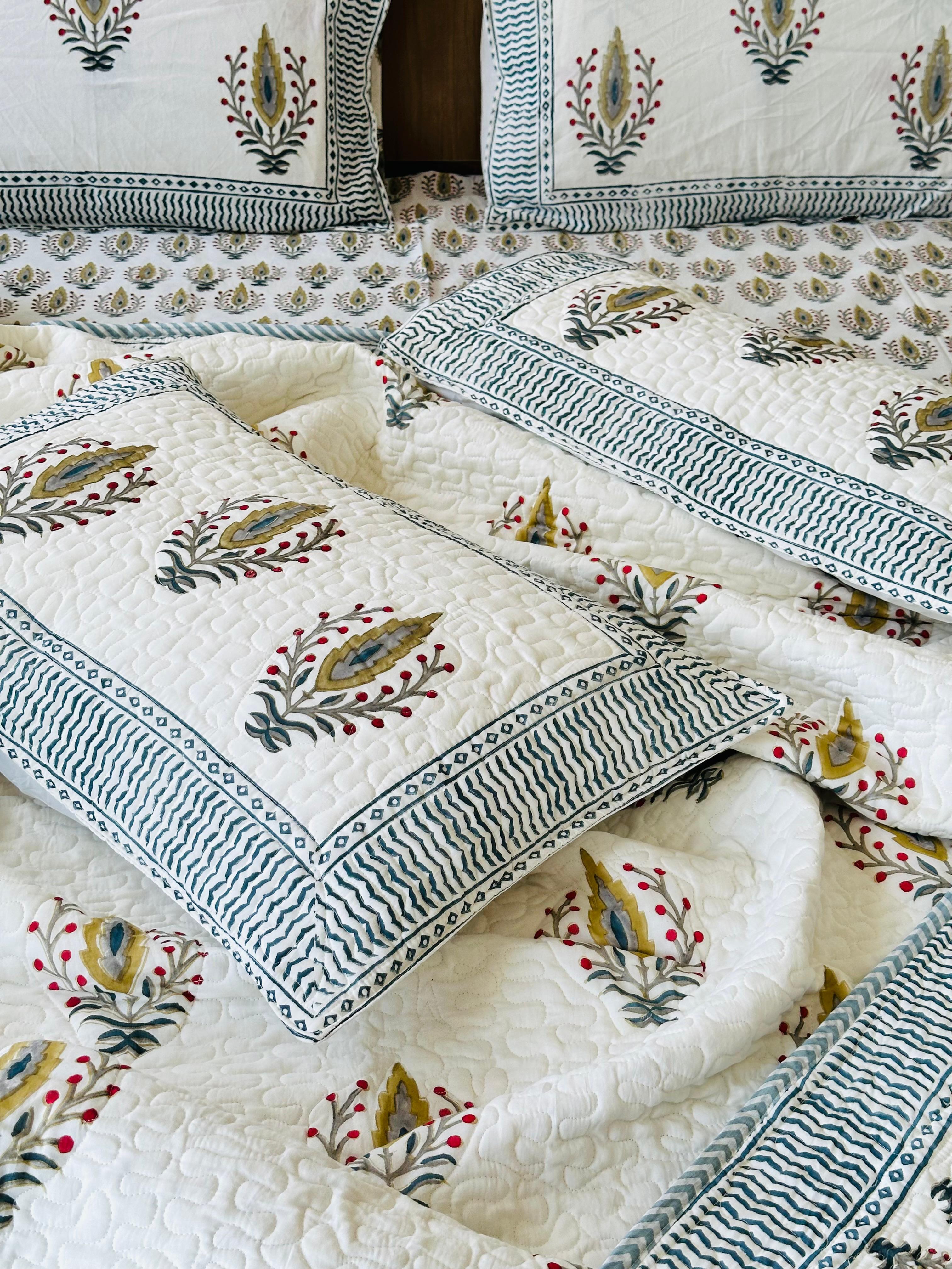 Pure cotton handblock printed king size 6 piece bedding set