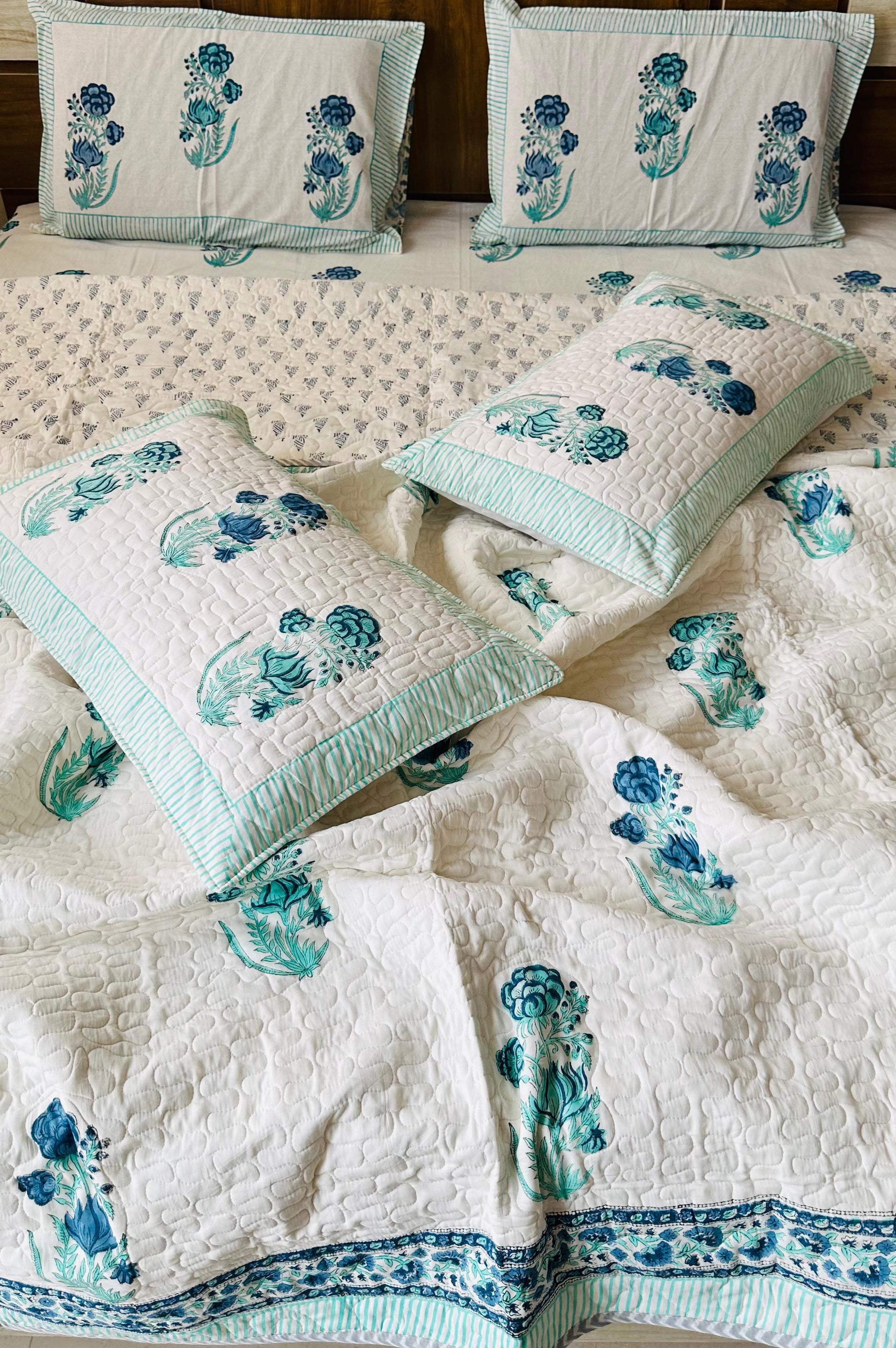 Pure cotton handblock printed king size 6 piece bedding set