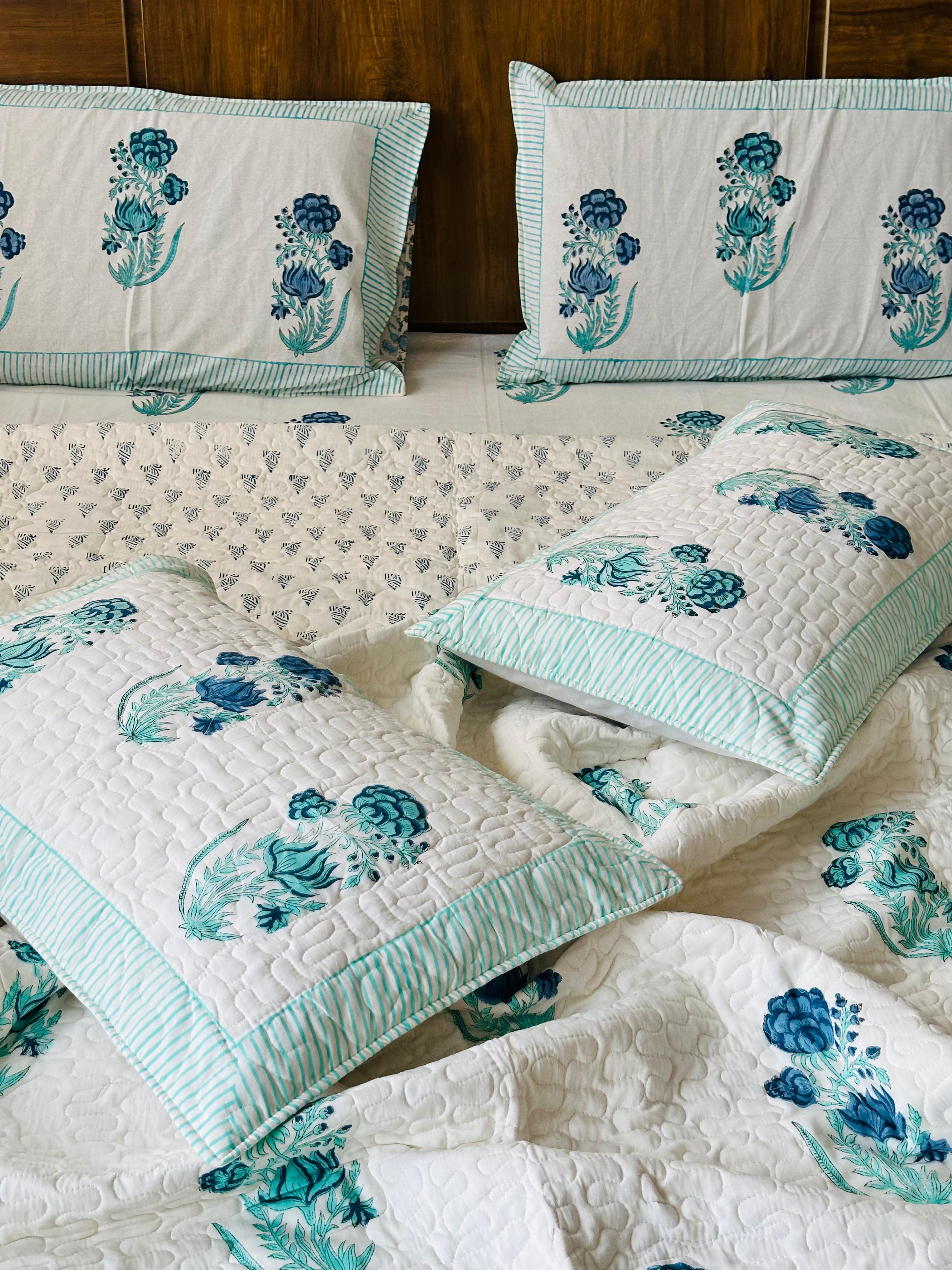 Pure cotton handblock printed king size 6 piece bedding set