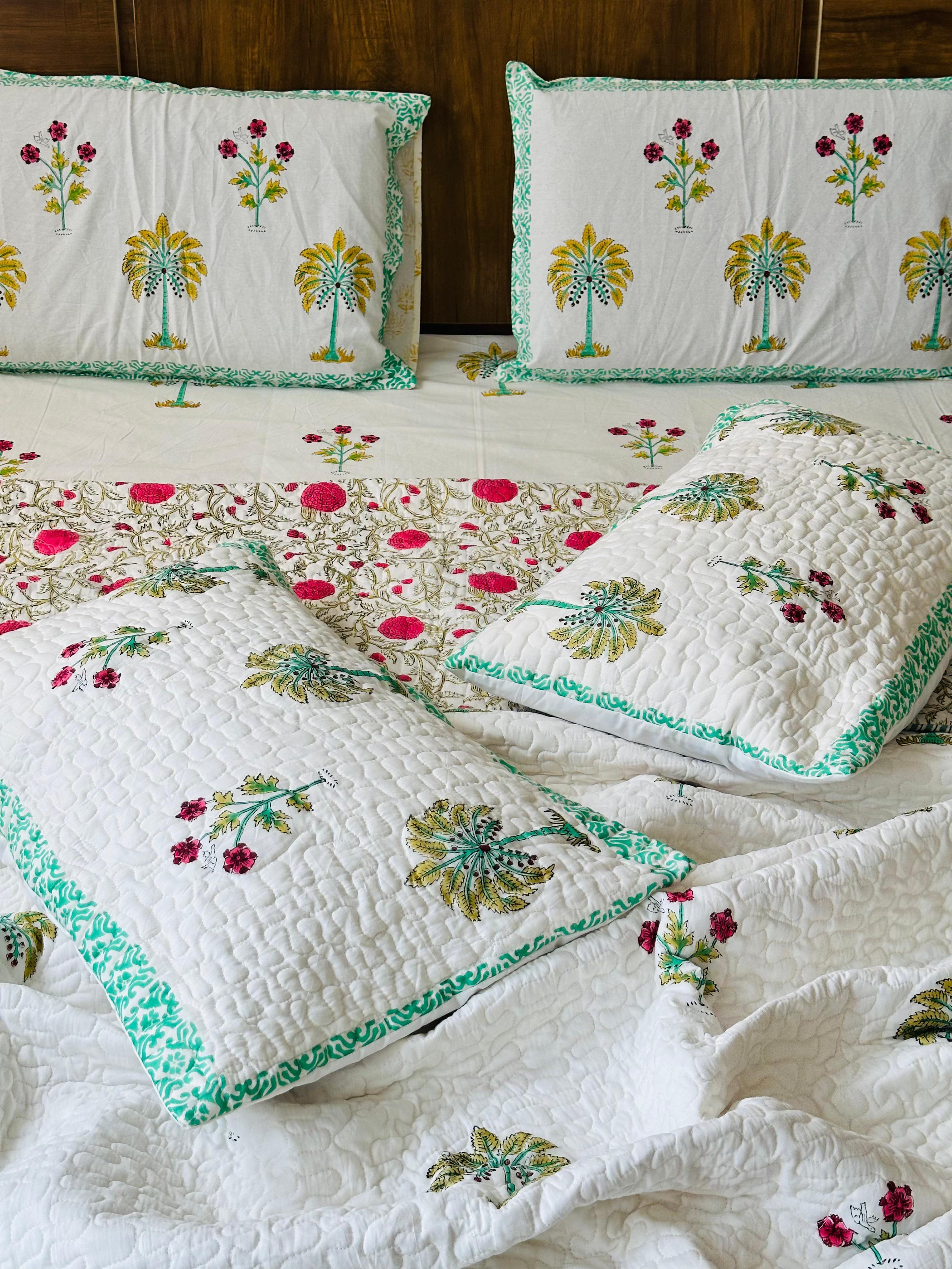 Pure cotton handblock printed king size 6 piece bedding set