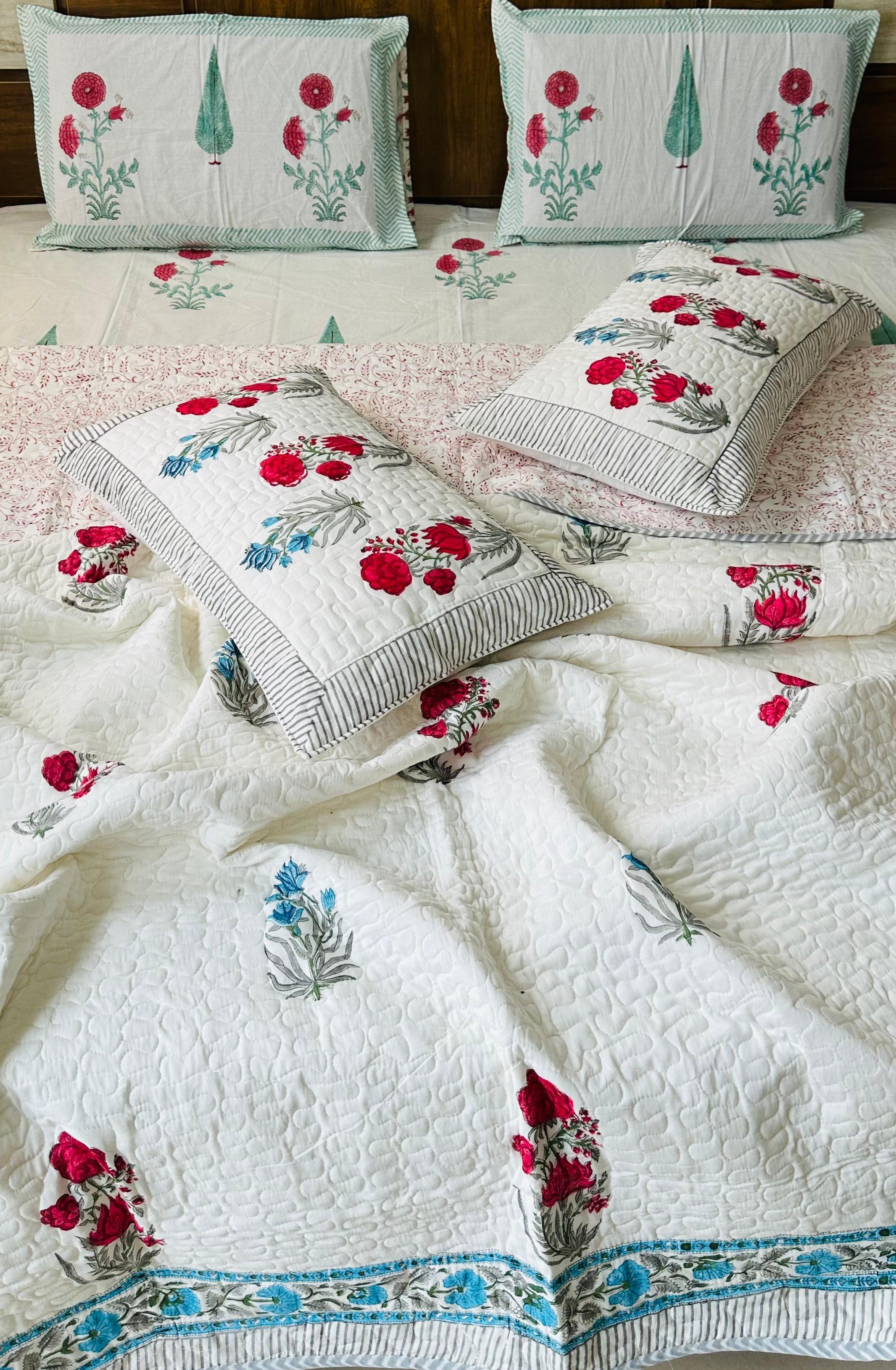 Pure cotton handblock printed king size 6 piece bedding set