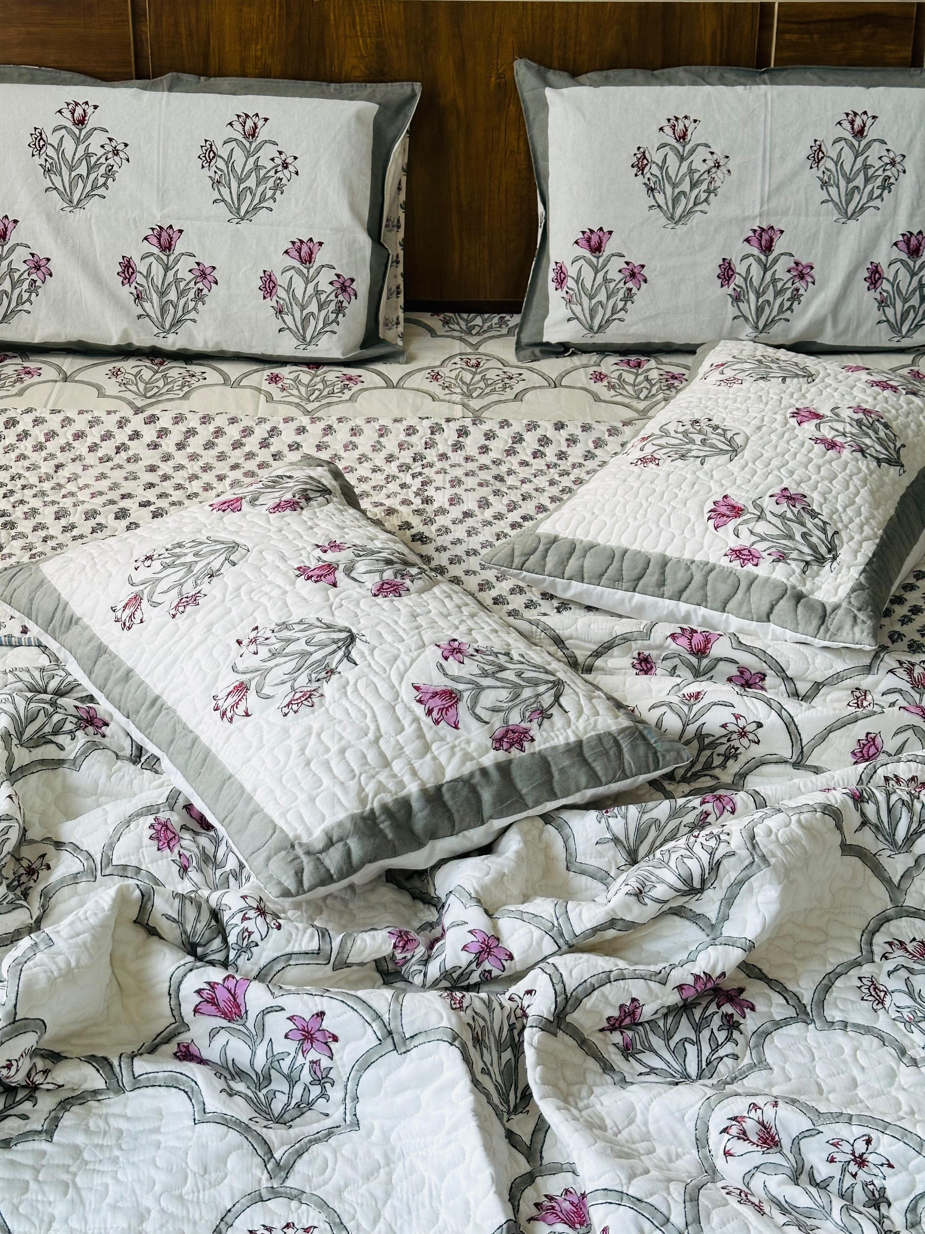 Pure cotton handblock printed king size 6 piece bedding set