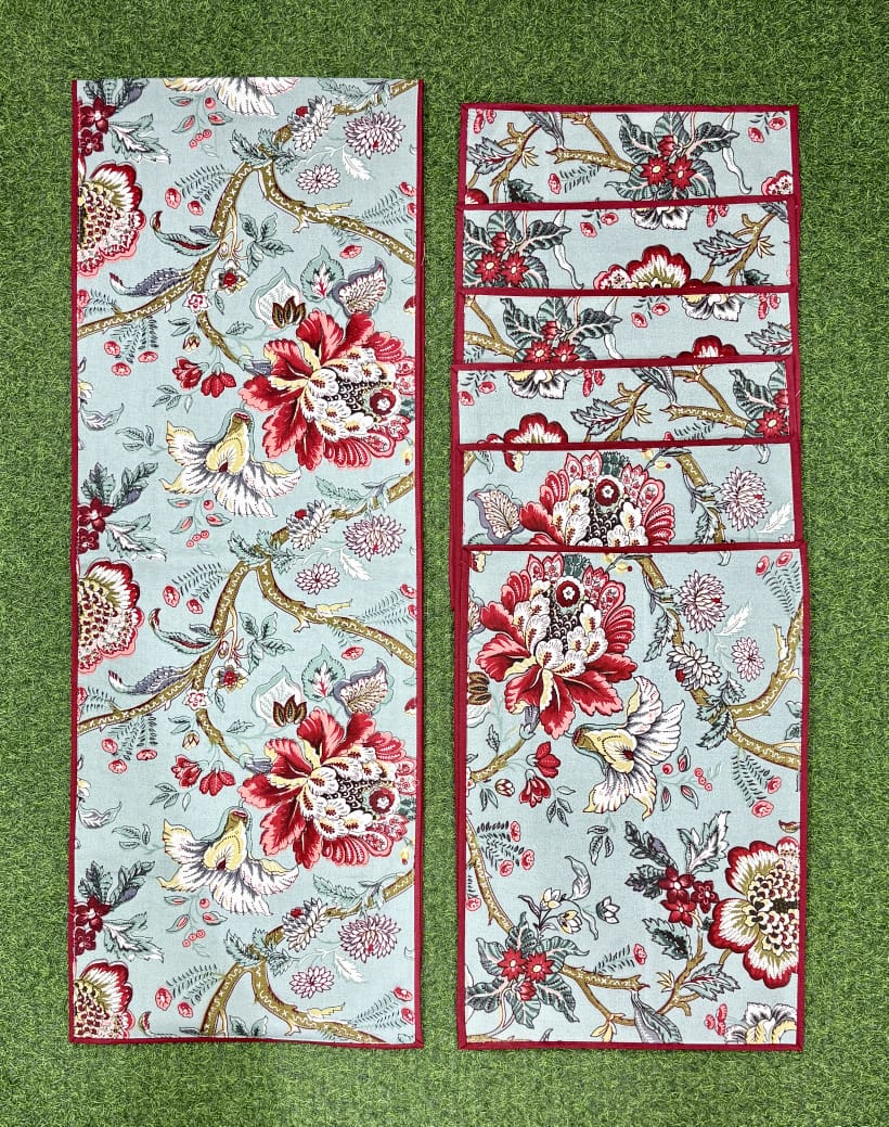 Pure cotton printed table runner and placemats combo for 6 seater dining tables