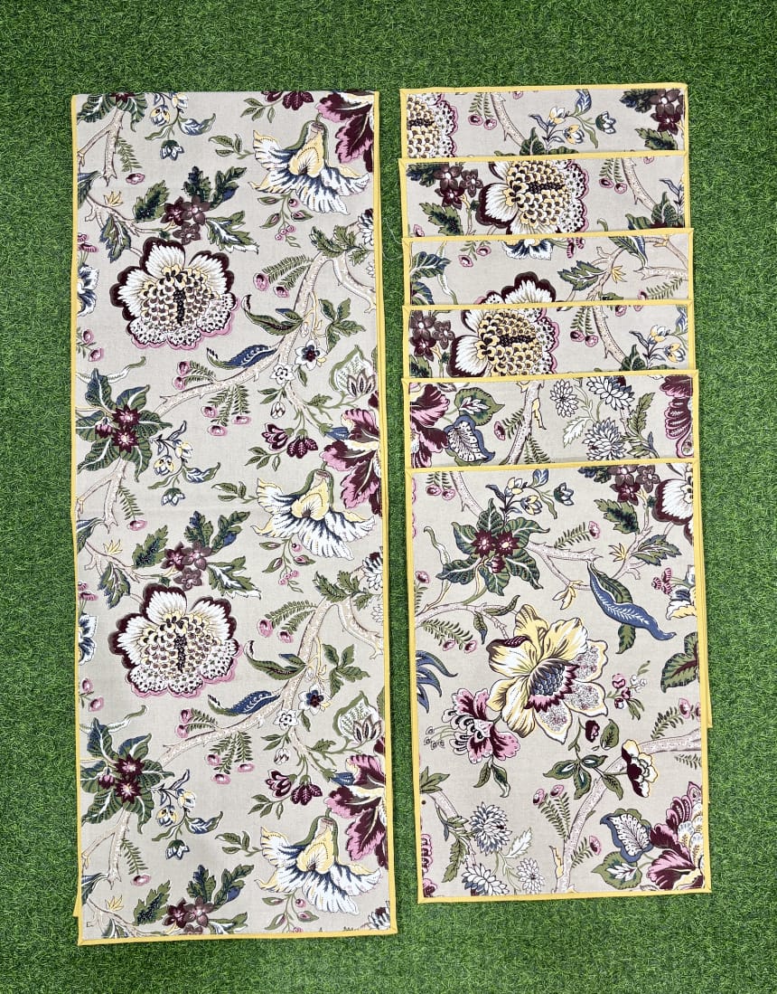 Pure cotton printed table runner and placemats combo for 6 seater dining tables Pure cotton printed table runner and placemats combo for 6 seater dining tables