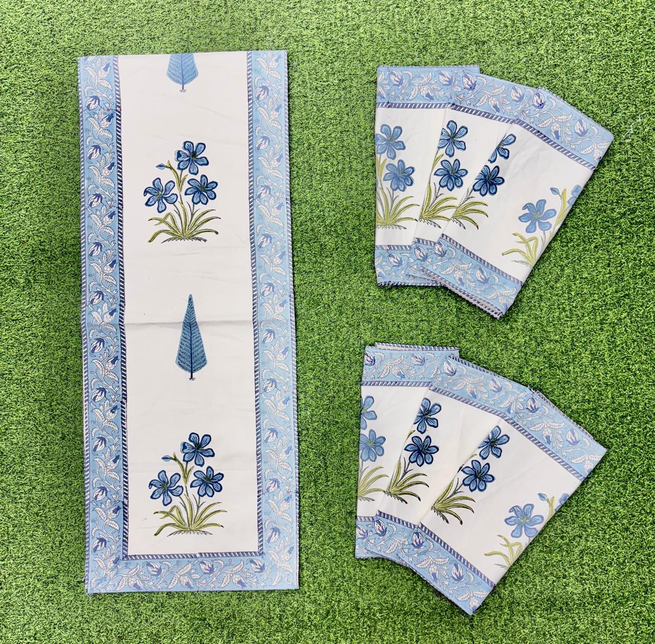Pure cotton handblock printed table runner and placemats combo for 6 seater dining tables