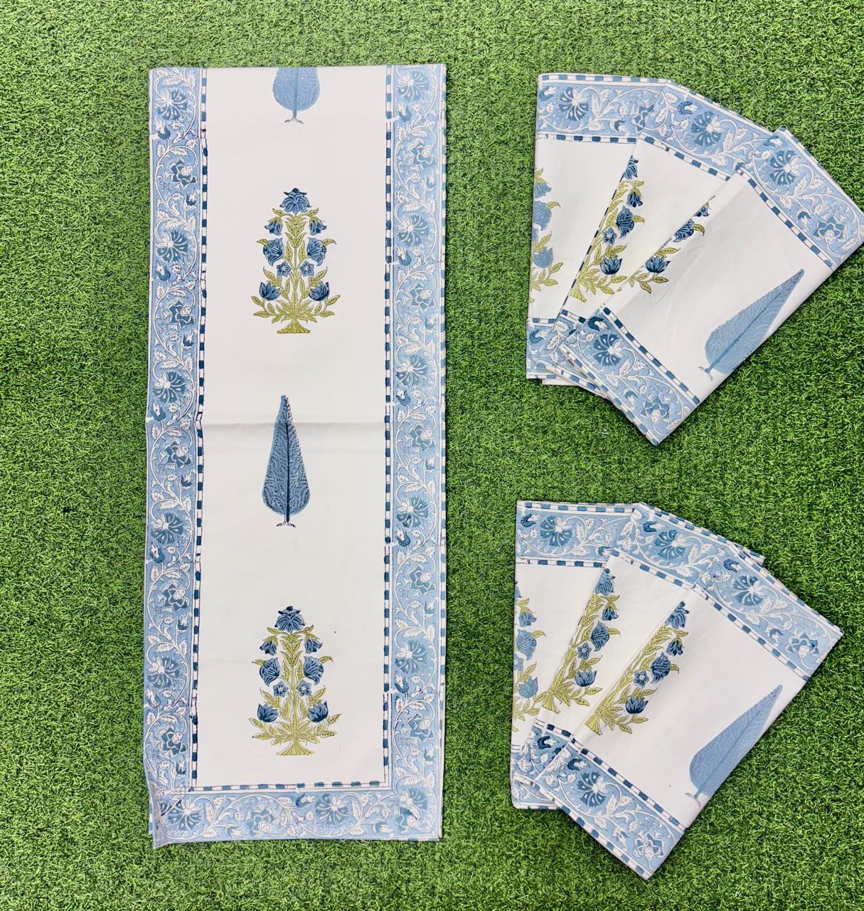 Pure cotton handblock printed table runner and placemats combo for 6 seater dining tables