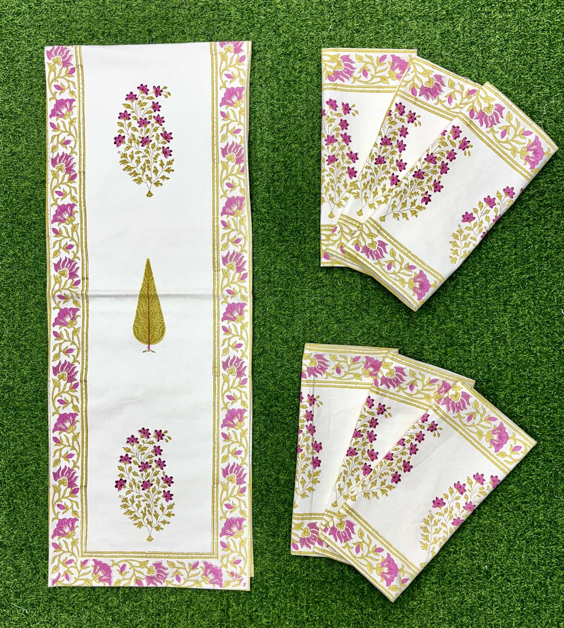 Pure cotton handblock printed table runner and placemats combo for 6 seater dining tables