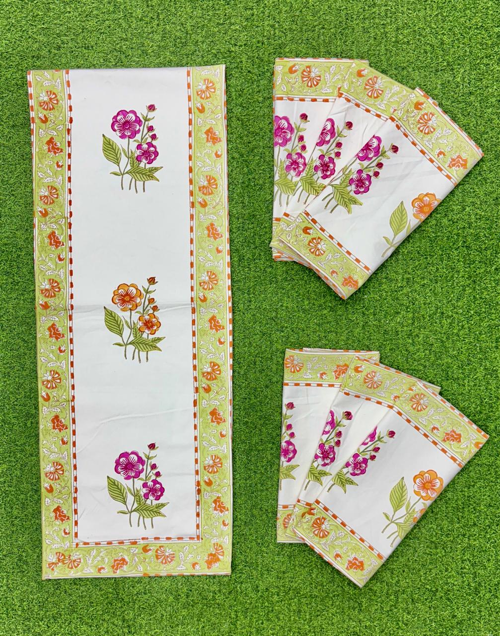 Pure cotton handblock printed table runner and placemats combo for 6 seater dining tables