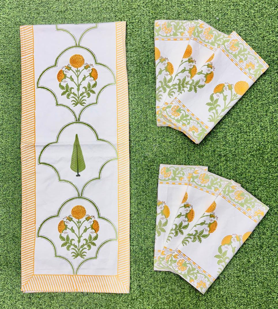 Pure cotton handblock printed table runner and placemats combo for 6 seater dining tables