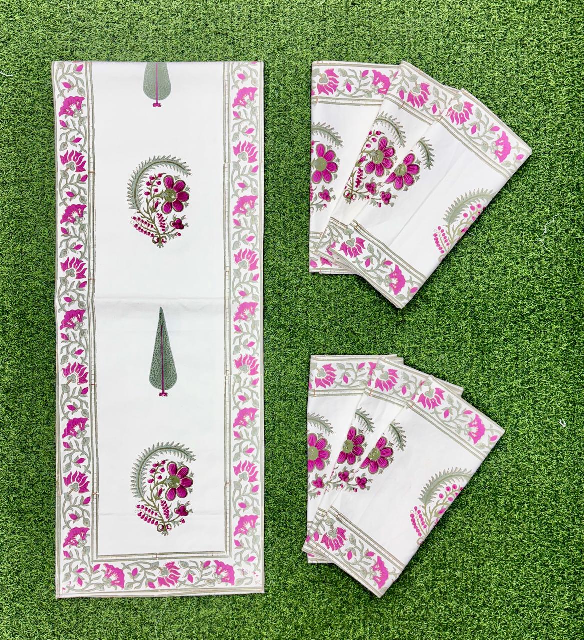 Pure cotton handblock printed table runner and placemats combo for 6 seater dining tables