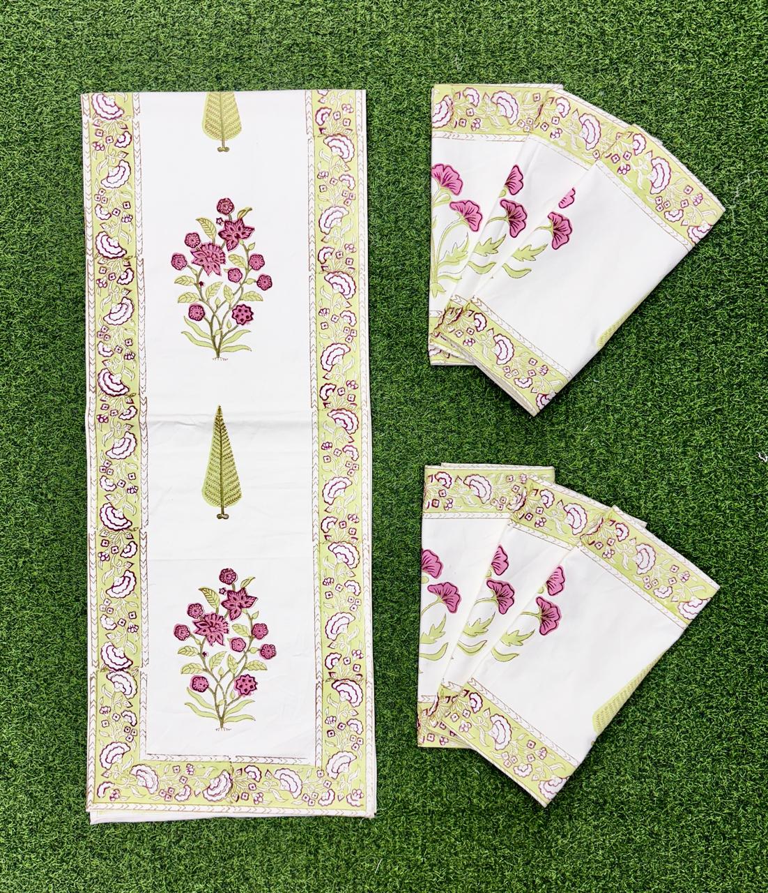Pure cotton handblock printed table runner and placemats combo for 6 seater dining tables