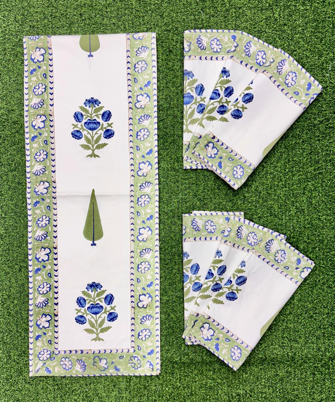 Pure cotton handblock printed table runner and placemats combo for 6 seater dining tables