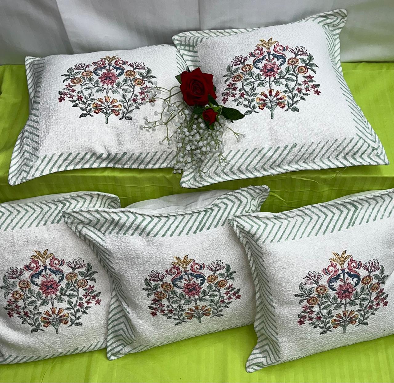 Pure hoper cotton textured and handblock printed cushion covers 16x16 inches (set of 5)