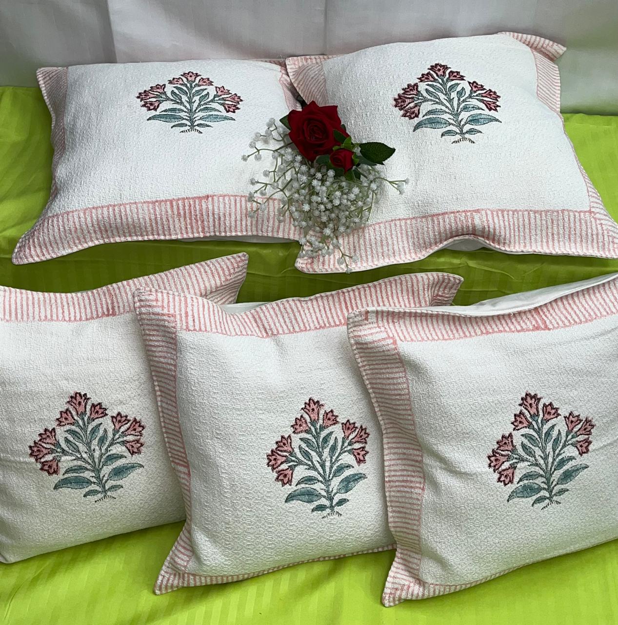 Pure hoper cotton textured and handblock printed cushion covers 16x16 inches (set of 5)