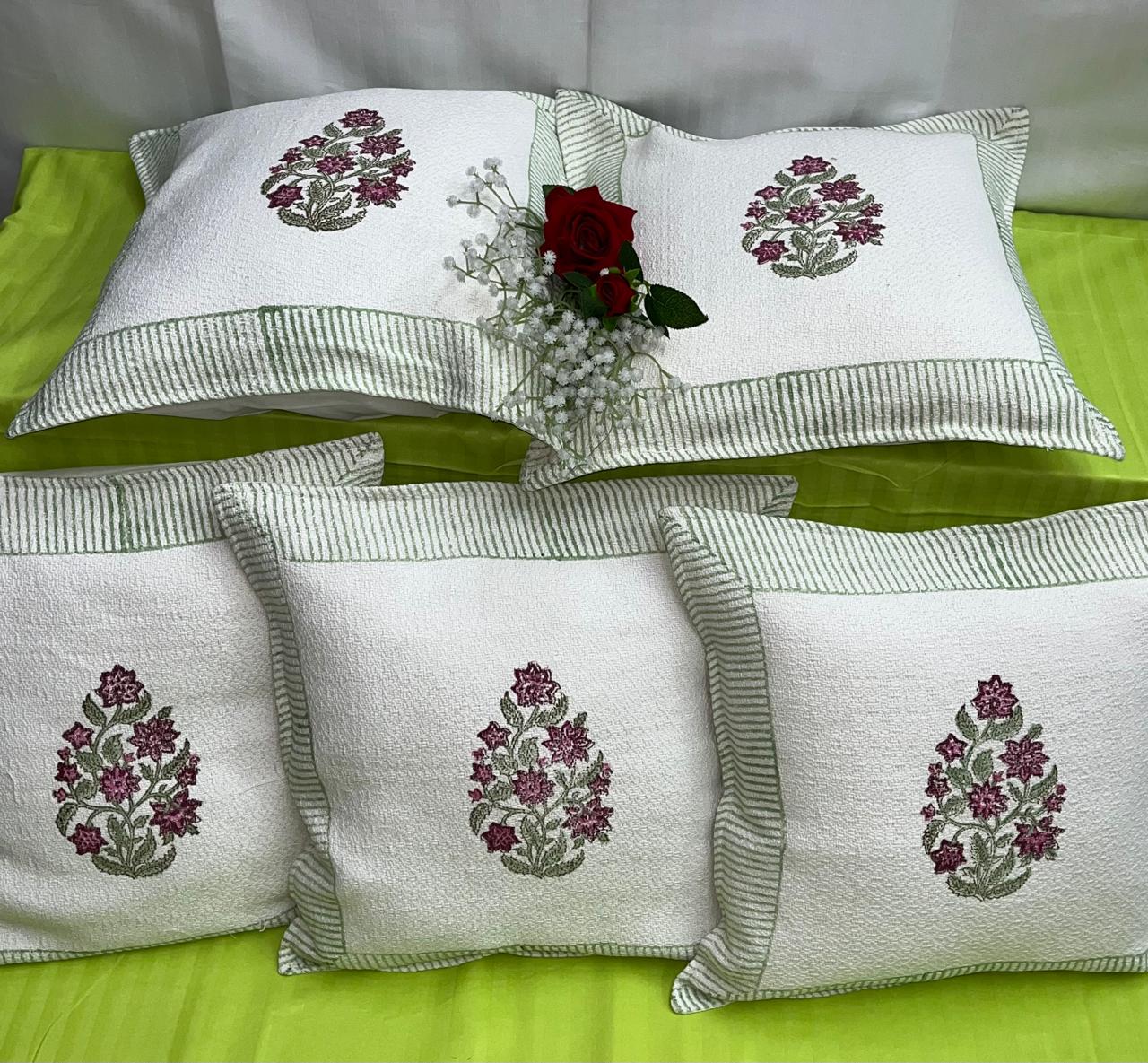 Pure hoper cotton textured and handblock printed cushion covers 16x16 inches (set of 5)