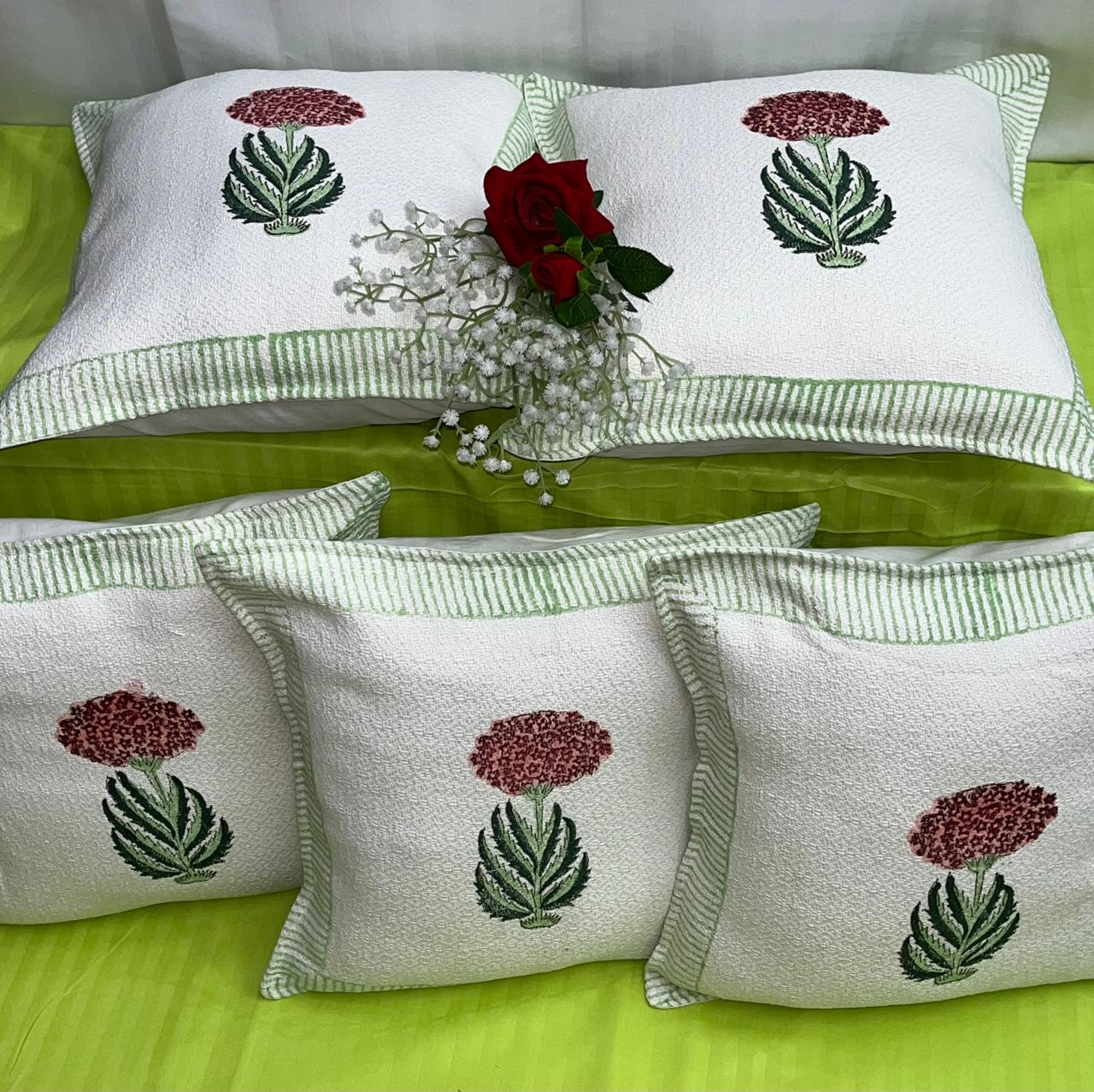 Pure hoper cotton textured and handblock printed cushion covers 16x16 inches (set of 5)
