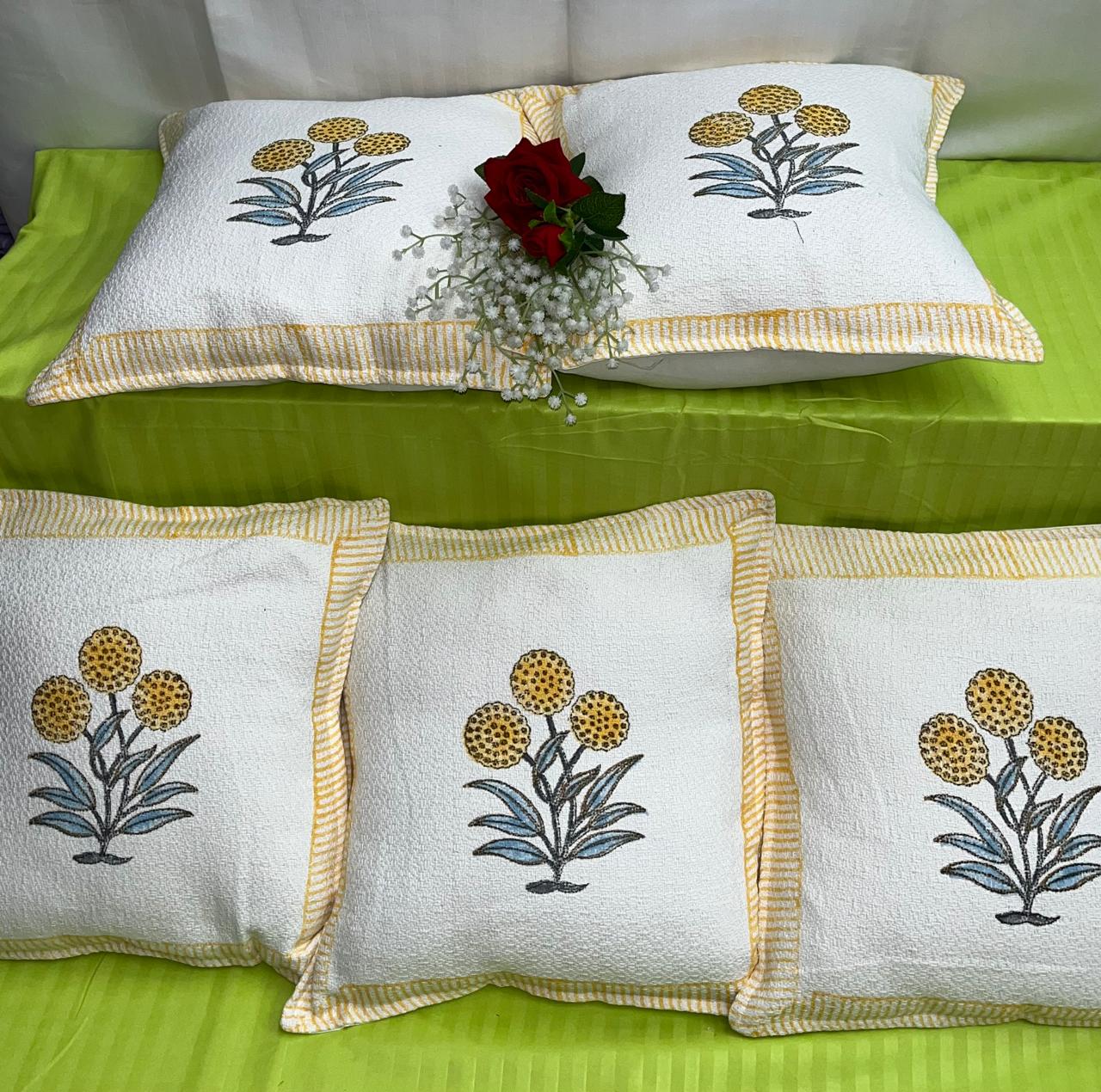 Pure hoper cotton textured and handblock printed cushion covers 16x16 inches (set of 5)