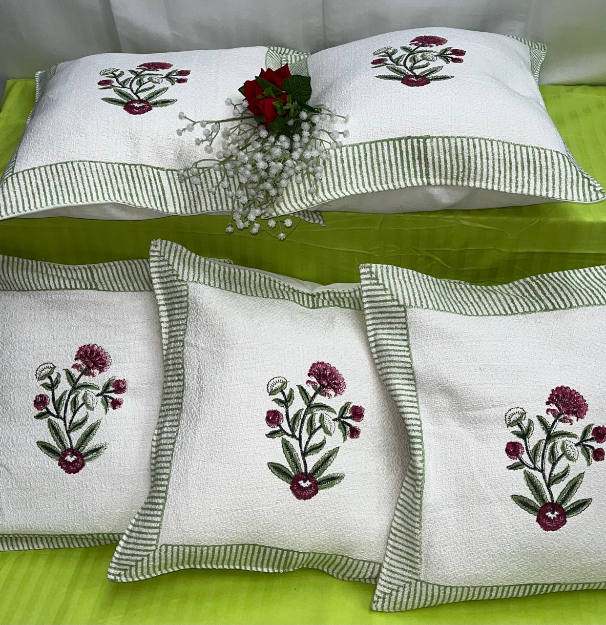 Pure hoper cotton textured and handblock printed cushion covers 16x16 inches (set of 5)