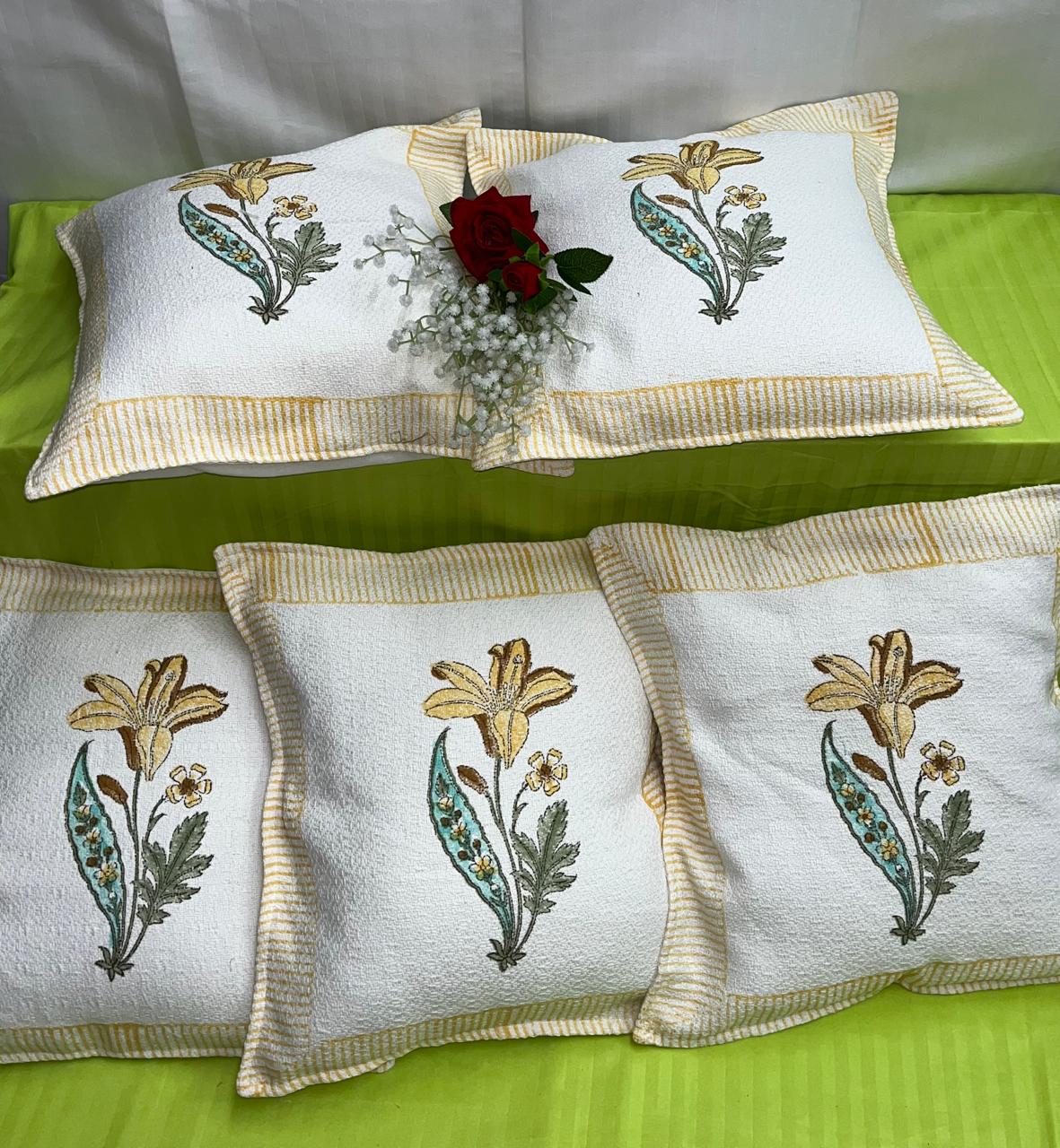 Pure hoper cotton textured and handblock printed cushion covers 16x16 inches (set of 5)