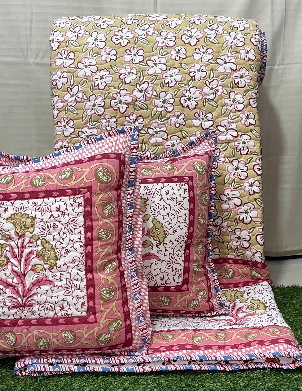 Pure cotton paani jaal quilted reversible double bedcovers with 2 quilted pillow covers (90x108 inches)