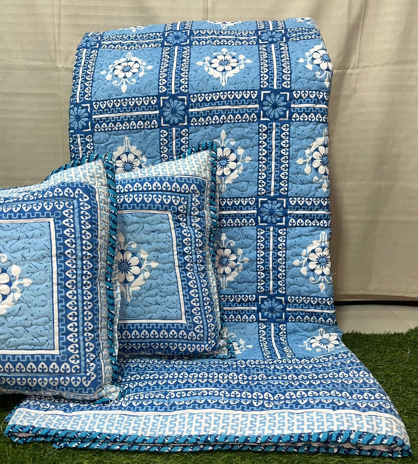 Pure cotton paani jaal quilted reversible double bedcovers with 2 quilted pillow covers (90x108 inches)