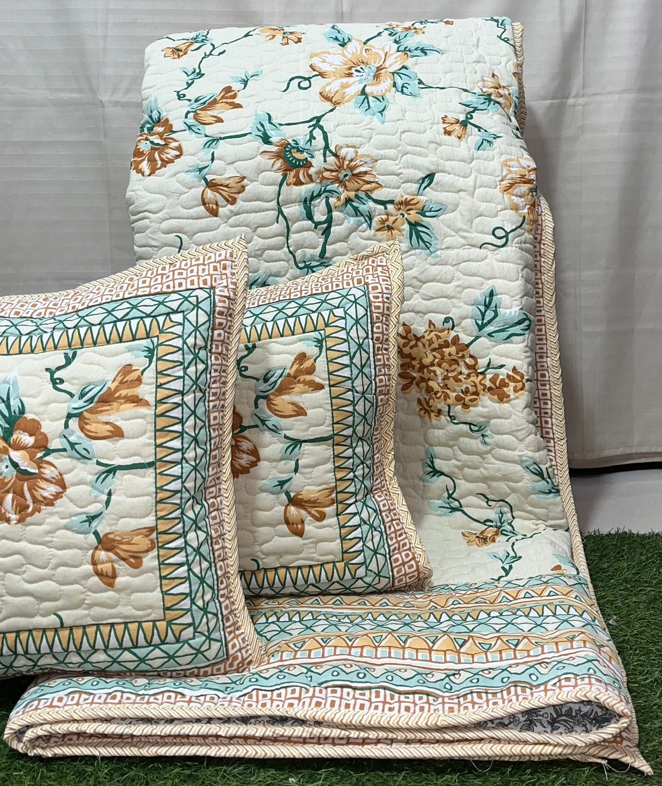Pure cotton paani jaal quilted reversible double bedcovers with 2 quilted pillow covers (90x108 inches)