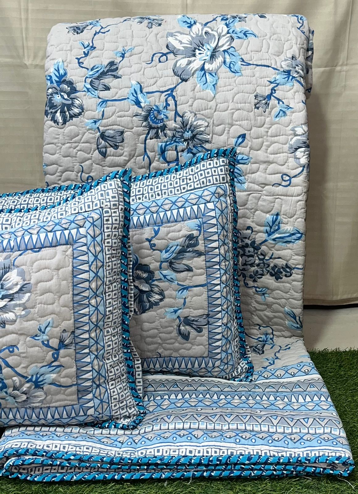 Pure cotton paani jaal quilted reversible double bedcovers with 2 quilted pillow covers (90x108 inches)