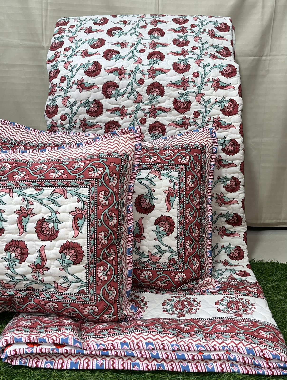 Pure cotton paani jaal quilted reversible double bedcovers with 2 quilted pillow covers (90x108 inches)