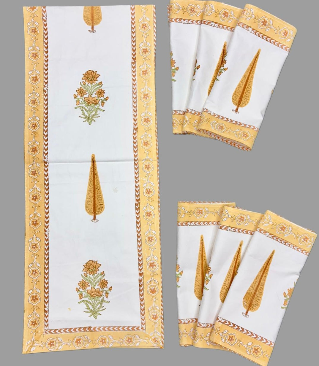 Pure cotton handblock printed table runner and placemats combo for 6 seater dining tables