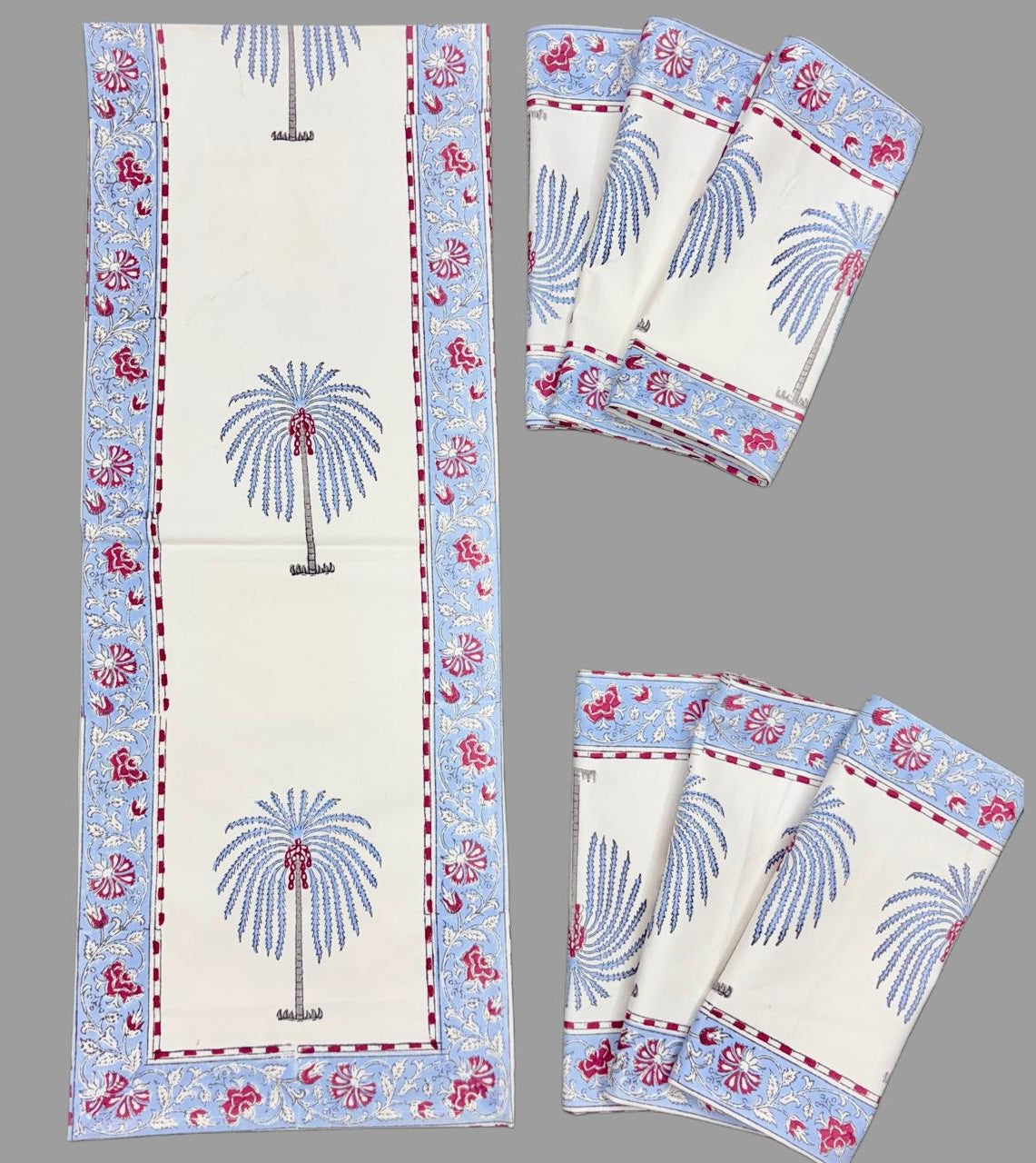 Pure cotton handblock printed table runner and placemats combo for 6 seater dining tables